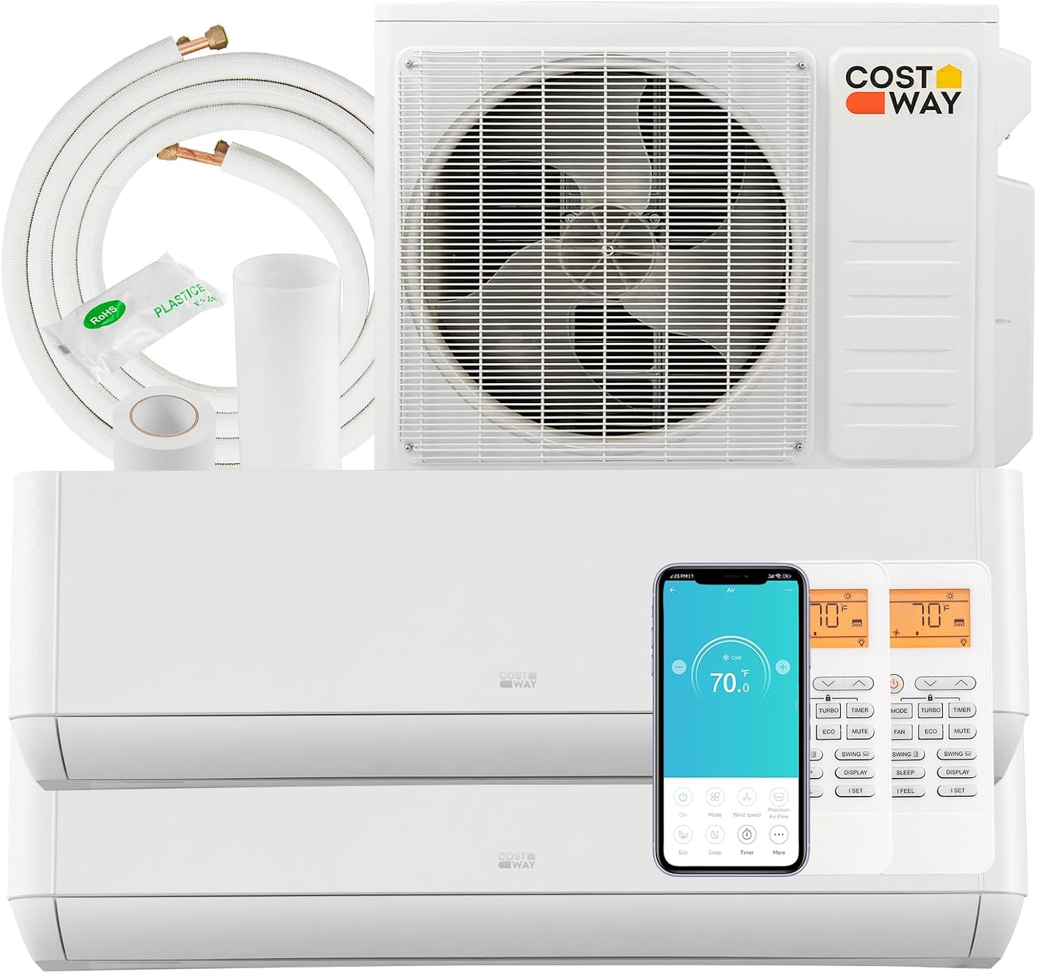 COSTWAY 18K BTU Dual 2 Zone Mini Split AC/Heating System, 22 SEER2 12,000 + 12,000 BTU Wall Mount Ductless Inverter Air Conditioner, Pre-Charged, Compatible with Alexa(Greenforce Series)