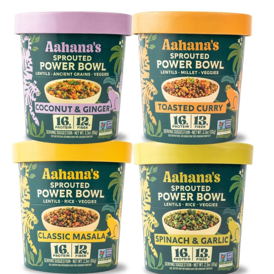 Gut Healthy Vegan Meals Ready to Eat - Aahana’s Sprouted Power Bowl - Gluten Free Microwave Meals, High Plant Protein, Fiber, Instant Lentil Cups - 4 Pack
