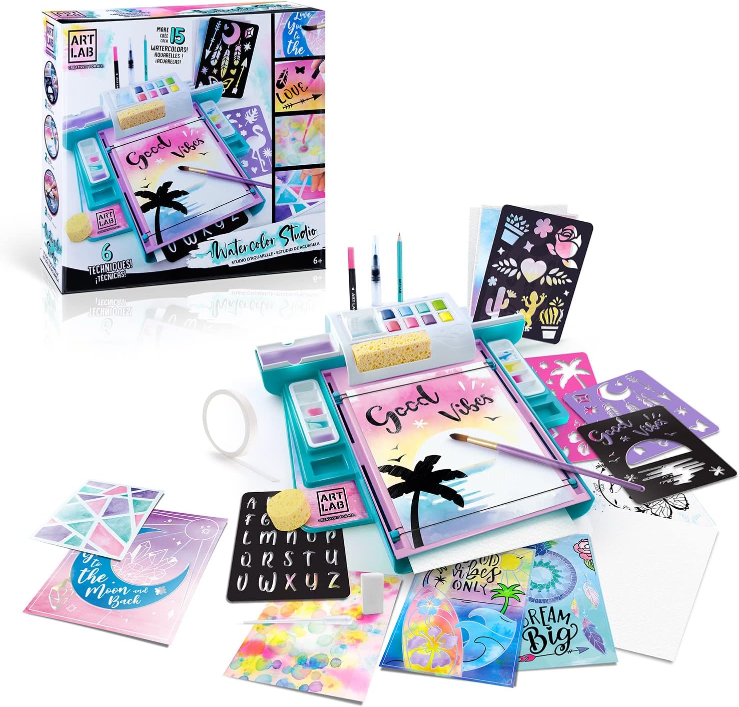 Watercolour Studio, All-in-One Studio, 8 Paints, 15 Watercolour Sheets, 14 Tools + Accessories, Learn 6 Fun Techniques! For Ages 6+