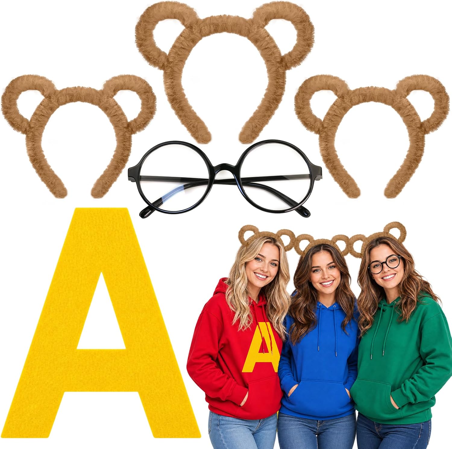 akiido Chipmunk Ears Headband 3 Pack & Round Frame Glasses for Chipmunk Costume, Women Adult Halloween Cospaly Accessories