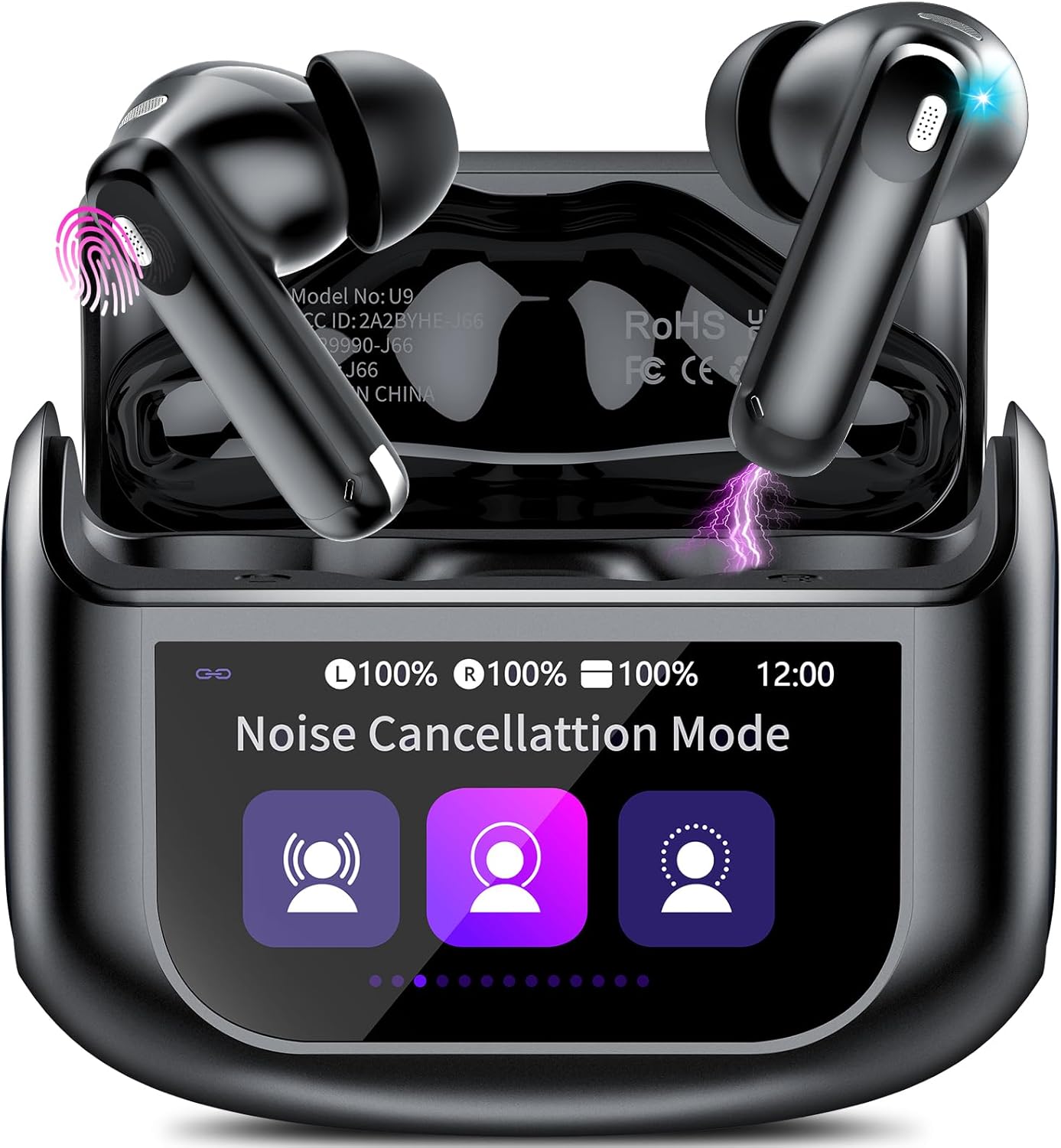 Thunelec Wireless Earbuds, 48H Smart Touch Screen Ear Buds Bluetooth 5.4 Headphones, ANC/ENC Noise Cancelling Mic Bluetooth Earbuds, 5 EQ Modes, HiFi Stereo, IPX7 Waterproof Wireless Earphones Black
