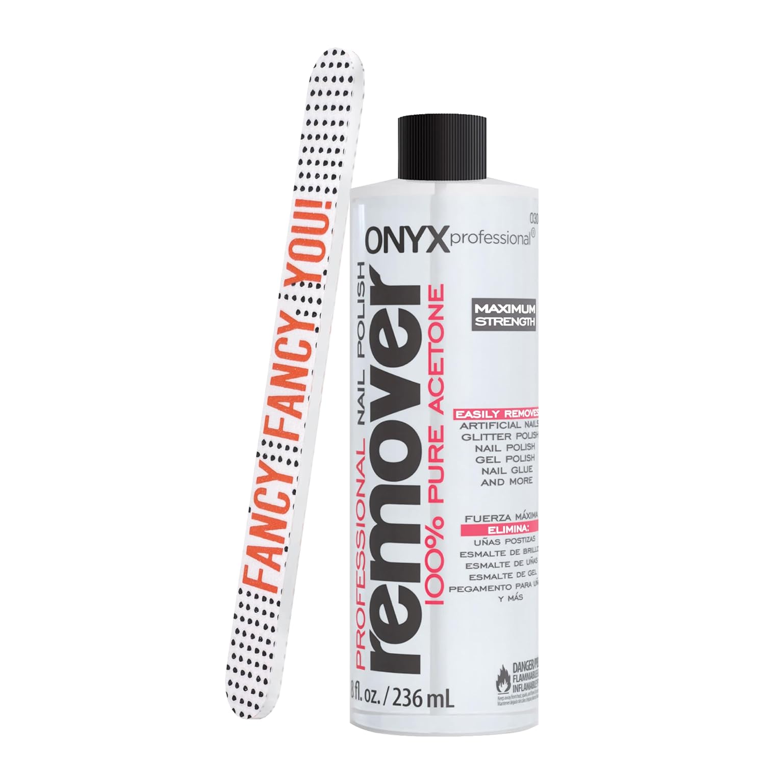 Onyx Professional 100% Pure Acetone Nail Polish Remover Kit with 7 inch Nail File, 8 fl oz - Made in USA, Maximum-Strength Gel Polish Remover, Artificial & Glitter Nail Polish