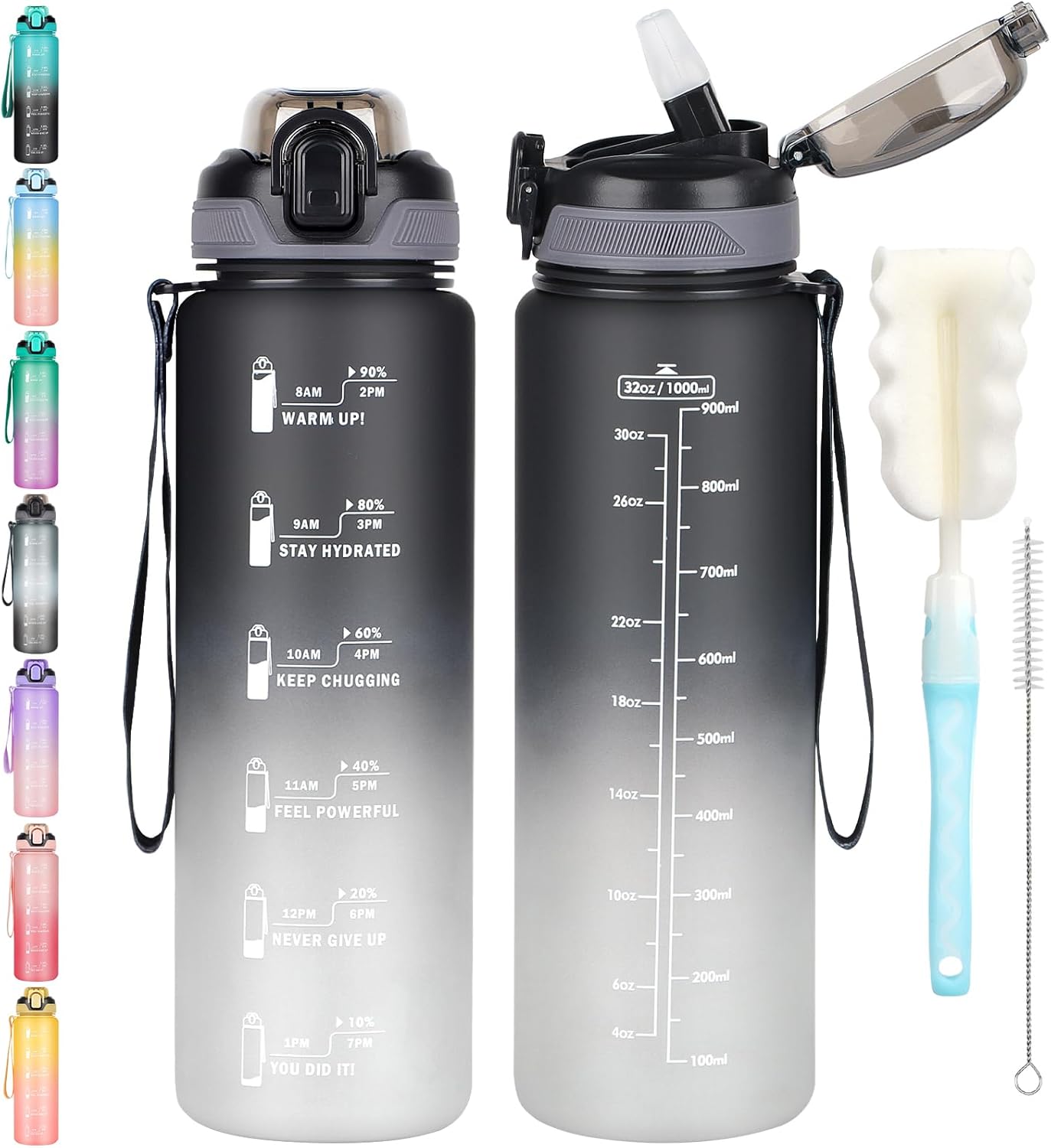 CodiCile 1L Water Bottle with Straw,Water Bottle Dishwasher Safe,Leak-proof Sports Drinks Bottle with Time Maker & Bottle Brush,Non-Toxic for Running,cycling, Gym, School & Office,black grey