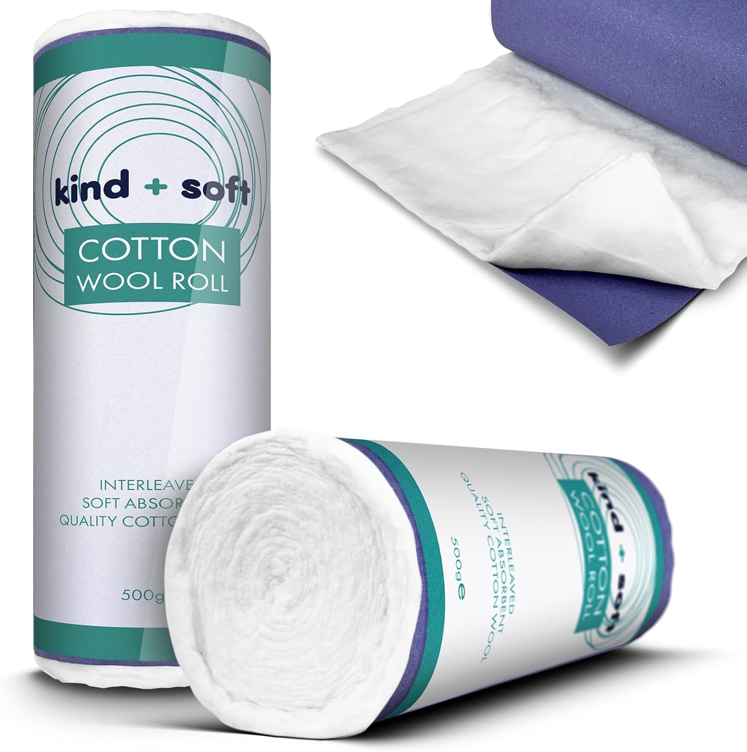 RE-GEN Kind + Soft 500g x 2 (1kg) Cotton Wool Roll, Approx 5.6m Per/Roll | Paper Backed/Interleaved | No More bunching, Tearing, clotting - First Aid, Health & Beauty, Personal Care, Cosmetics