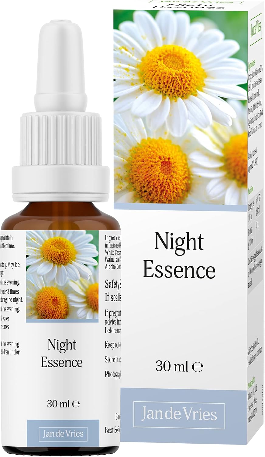 Jan De Vries Night Essence | Promote Better Sleep | Flower Essence | Quieten an Over-stimulated Mind | Contains Chamomile, Aspen & Bluebell | 30ml