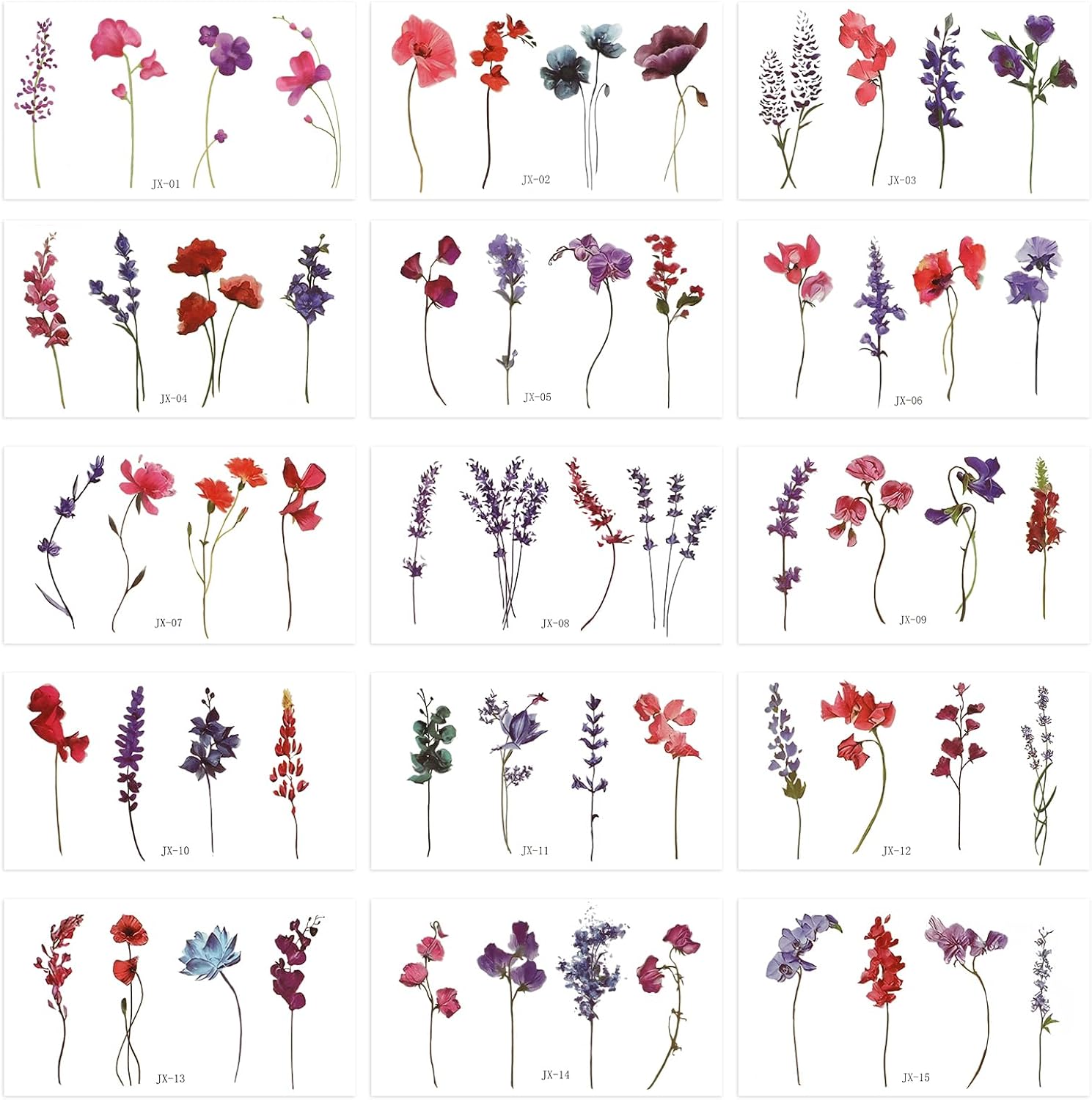 Lusofie 15 Sheets Flower Tattoos Temporary Watercolor Lavender Lily Violet Verbena Floral Temporary Tattoos Fake Tattoo Stickers for Women Face Body Arm