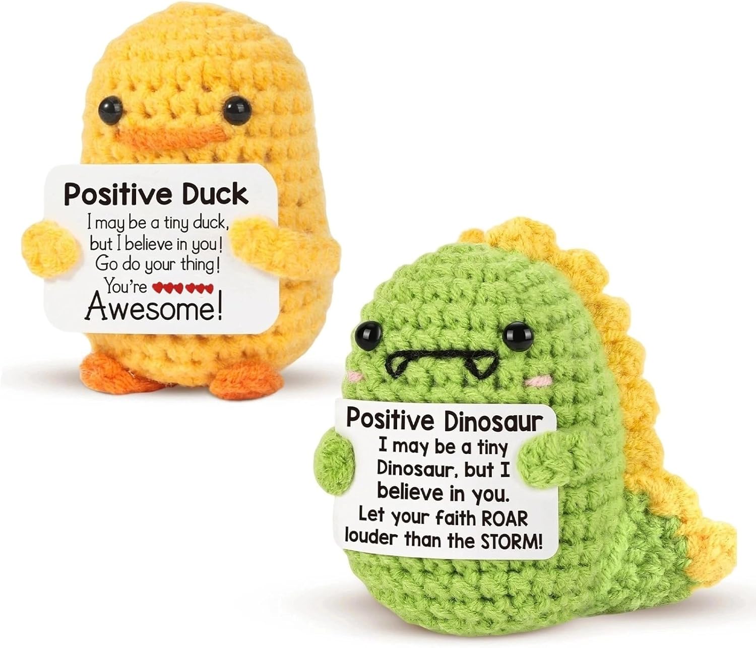 warmtree Mini Funny Positive Dinosaur Duck Gifts, 2pcs Small Handmade Crochet Animals Cute Stuff, Inspirational Gifts for Women Men Birthday Presents, Emotional Motivational Dino Duck Decor
