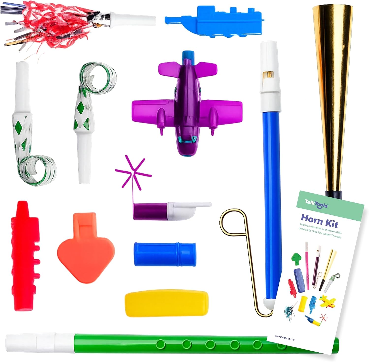 TalkTools Horn Kit - Oral Placement Therapy Tool for Speech, Breath Support & Articulation, Helps Reduce Drooling for Kids and Adults | Full Horn Hierarchy, 12 Tools with Booklet