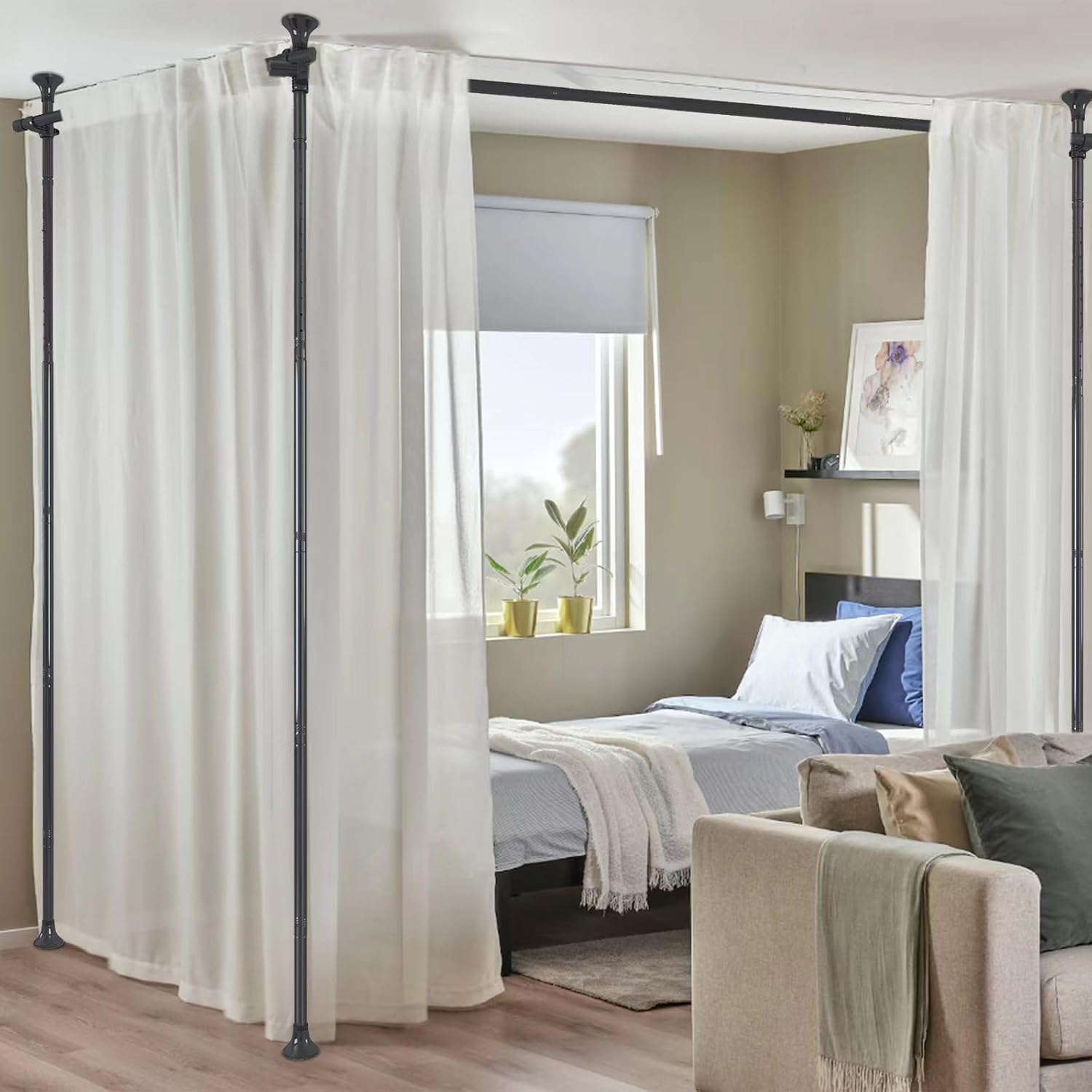 Room Divider, No Drilling Curtain Pole Wall Divider for Room Separator, Adjustable W 280 cm x H 317 cm Heavy Duty Floor to Ceiling Tension Rod Dividers Temporary Privacy Separator Window Rods Black