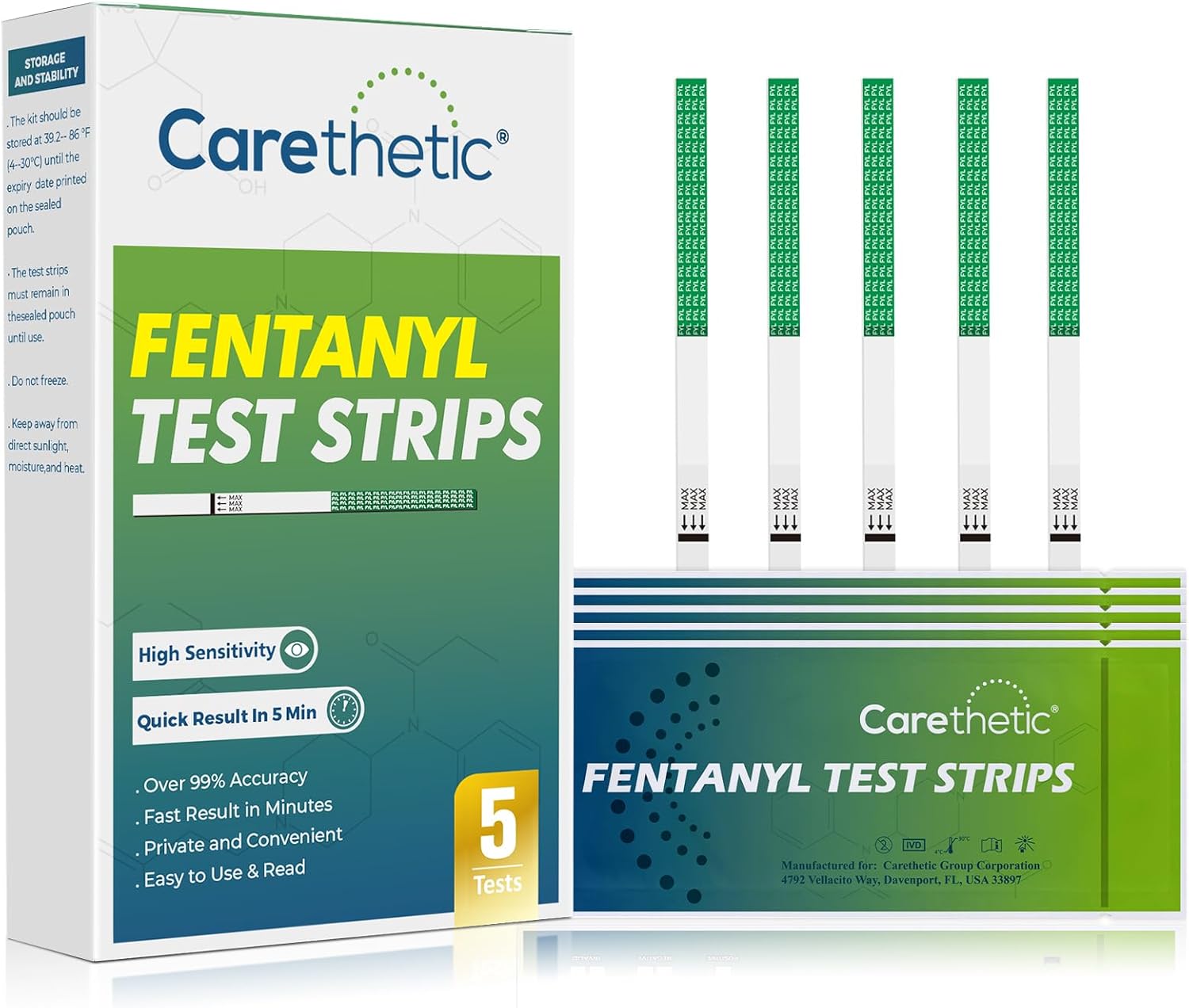 [5 Pack] Fentanyl Test Strips - CDC-Encouraged Rapid Drug Test Kit for Powders, Pills, Liquids - High-Sensitivity 200 ng/ml Cut-Off