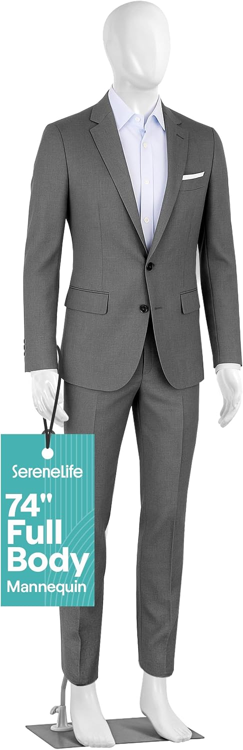 SereneLife 74-Inch Male Full Body Mannequin | Create Professional Clothing Displays with Realistic Proportions | Detachable PP Design, 360° Rotating Head, Flexible Hands & Legs, Stable Metal Base