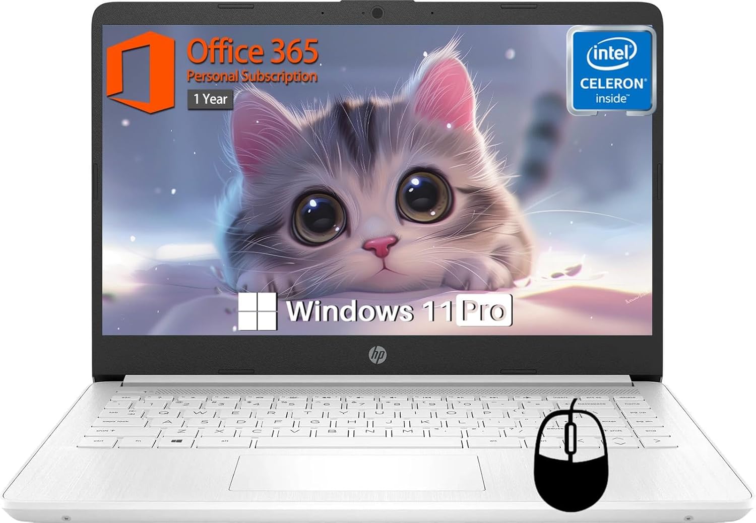 HP 14 inch Laptop Student Business, Intel Celeron N4120, 16 GB RAM, 64 GB eMMC, 1-Year Office 365, Intel UHD Graphics, Ultra Light, Webcam, WiFi, Windows 11 Pro, w/Accessories