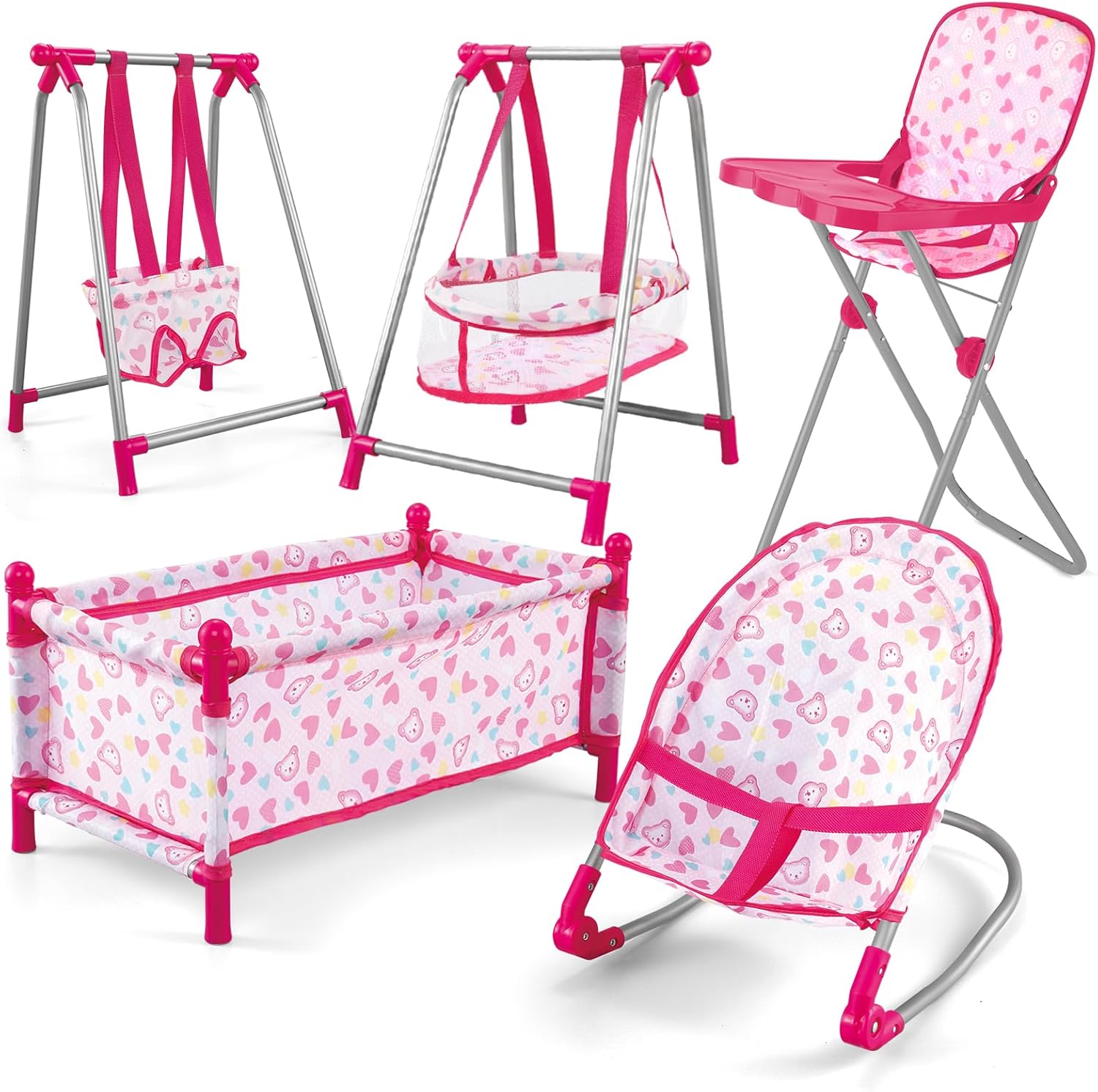deAO Kids Deluxe 5 -in-1 Baby Doll Pretend Play Set with Cot Bed, Bouncer, Adjustable Swing Seat and High Chair Accessories Included (Doll Not Included)