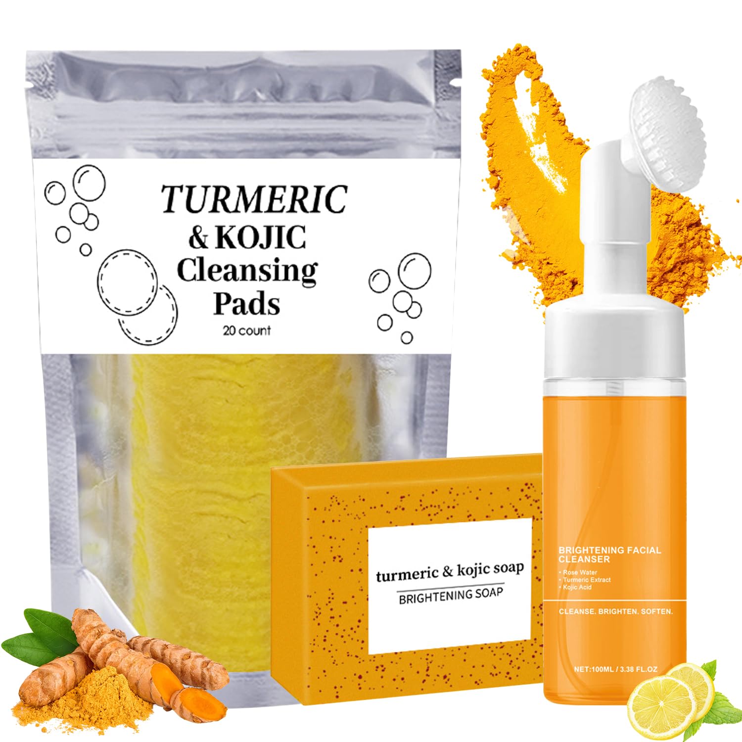 3PCS Turmeric Wash And Care Three Piece Set, Turmeric Trio: Facial Wash, Cleansing Mousse & Soap for Skin Care, Cleansing Exfoliating Pads, Turmeric Cleansing Skincare Set for Face & Body