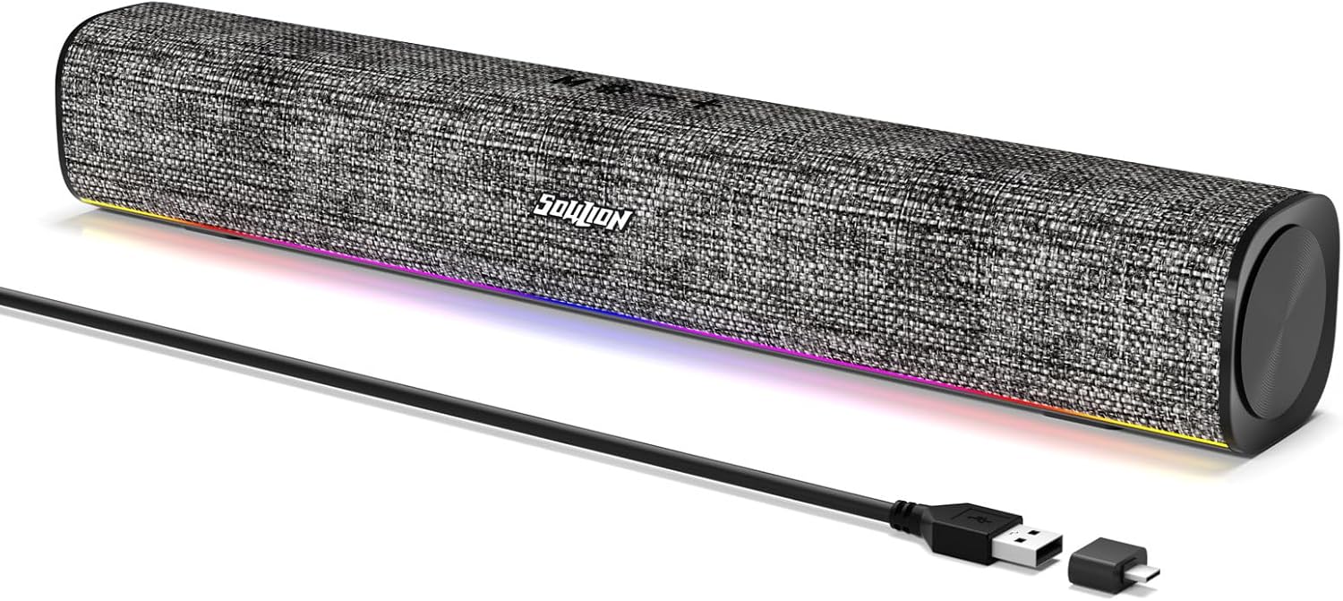 SOULION R100 Bluetooth Computer Speakers with Dynamic LED Light, USB Plug & Play PC Speakers with Switch Button, Clearly Sound Soundbar for Desktop Laptop Monitor(USB-C to USB Adapter Included)
