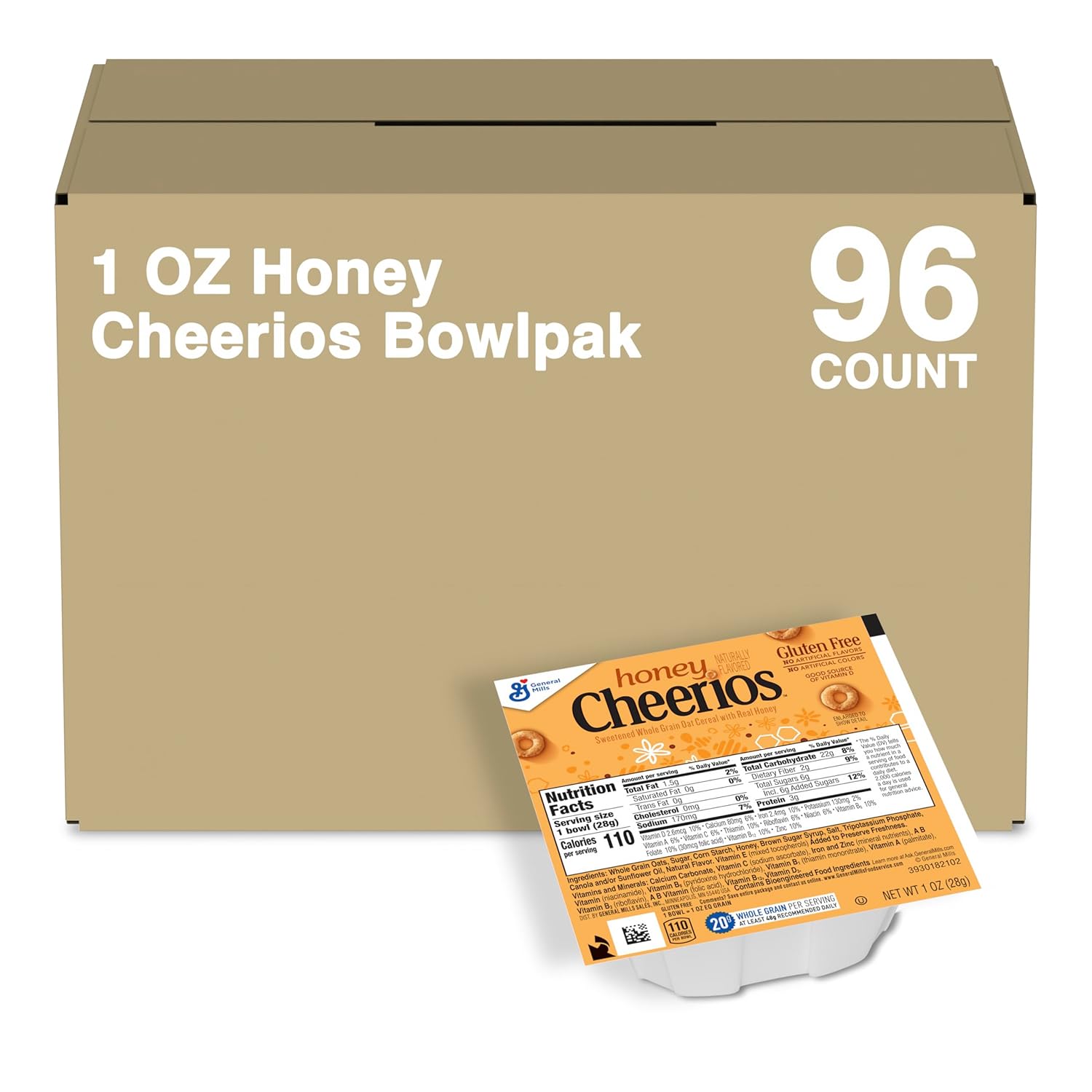 Honey Cheerios Single Serve Bowl, Gluten Free with Whole Grains, 1 Oz Single Serve Bowls, 96 Pack