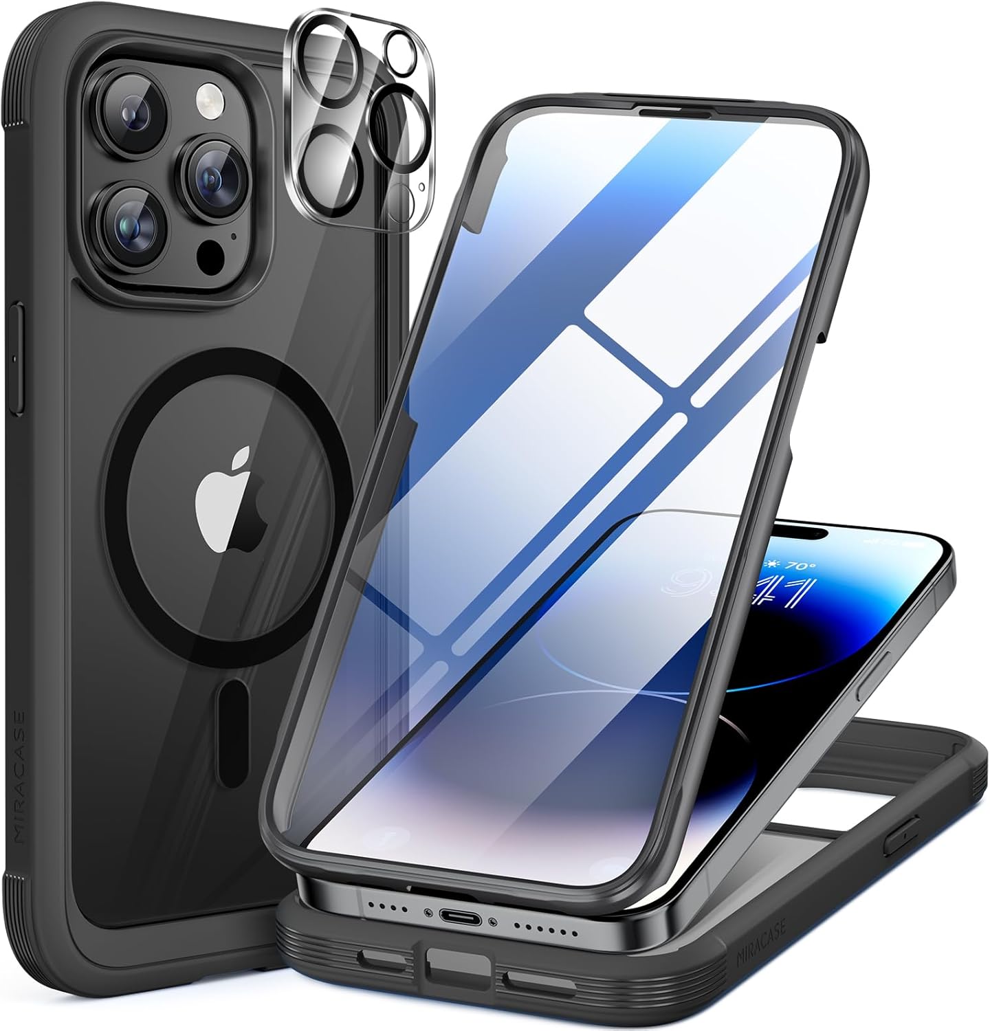 Miracase Magnetic Case for iPhone 15 Pro Case 6.1-Inch, Full Body Bumper Case Compatible with MagSafe and Built-in 9H Tempered Glass Screen Protector + Camera Lens Protector (Black)