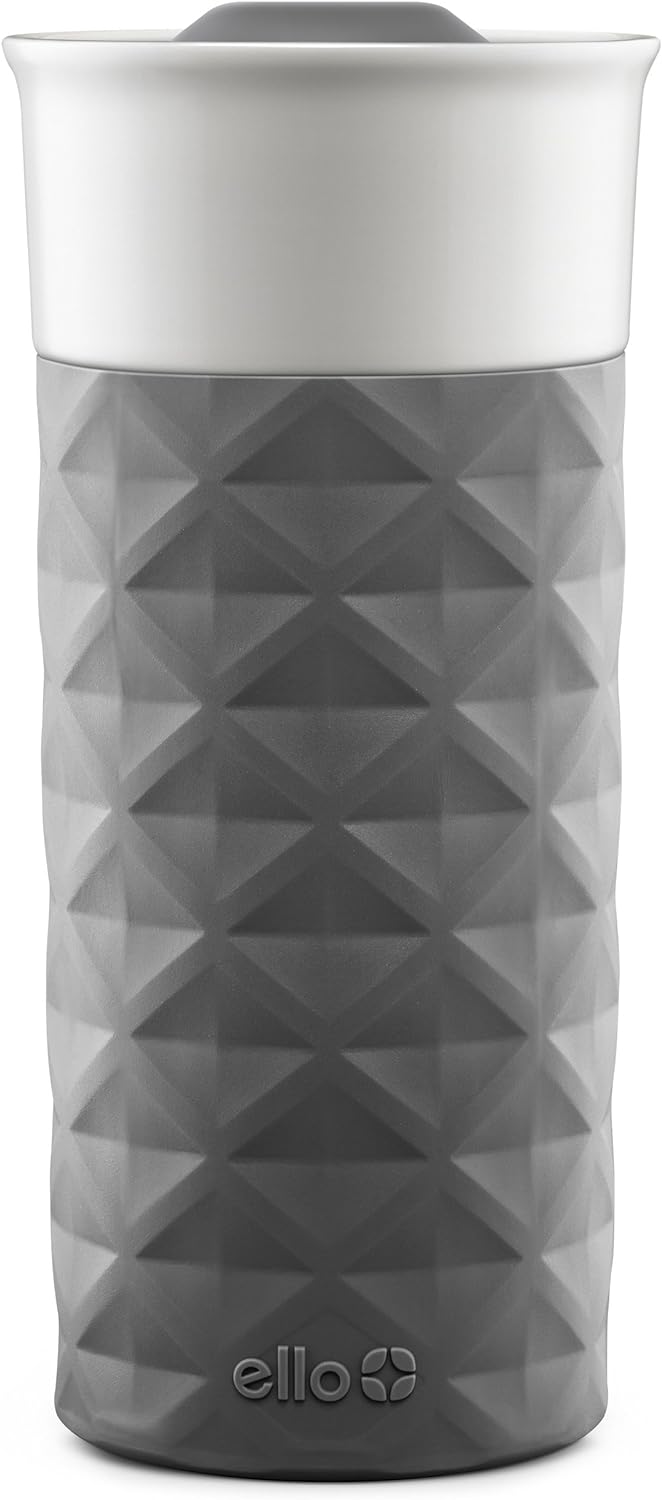 Ello Ogden Ceramic Travel Mug with Splash-Resistant Slider Lid and Protective Silicone Boot, Perfect for Coffee or Tea, BPA Free, Dishwasher Safe, Gray, 16 oz, 758-0438-040