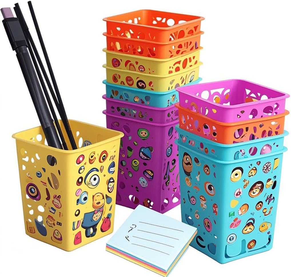 Pencil Holders Pen Cups, Colorful Office Desktop Storage Organizer Square Classroom Pencil Dispenser Basket for Desk, Pack of 12