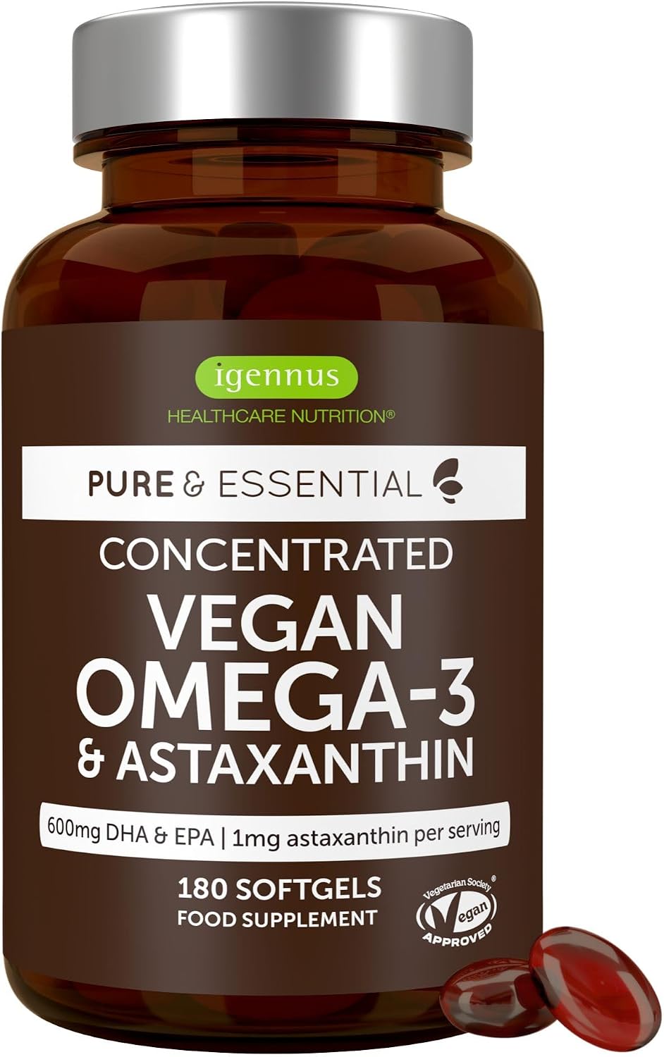 Igennus Vegan Omega 3 Algae Oil, EPA DHA 600mg, 180 Small Softgels | IAOS Tested Pure & Sustainable, DHA 400mg & EPA 200mg, with Astaxanthin Antioxidant, 90 Servings