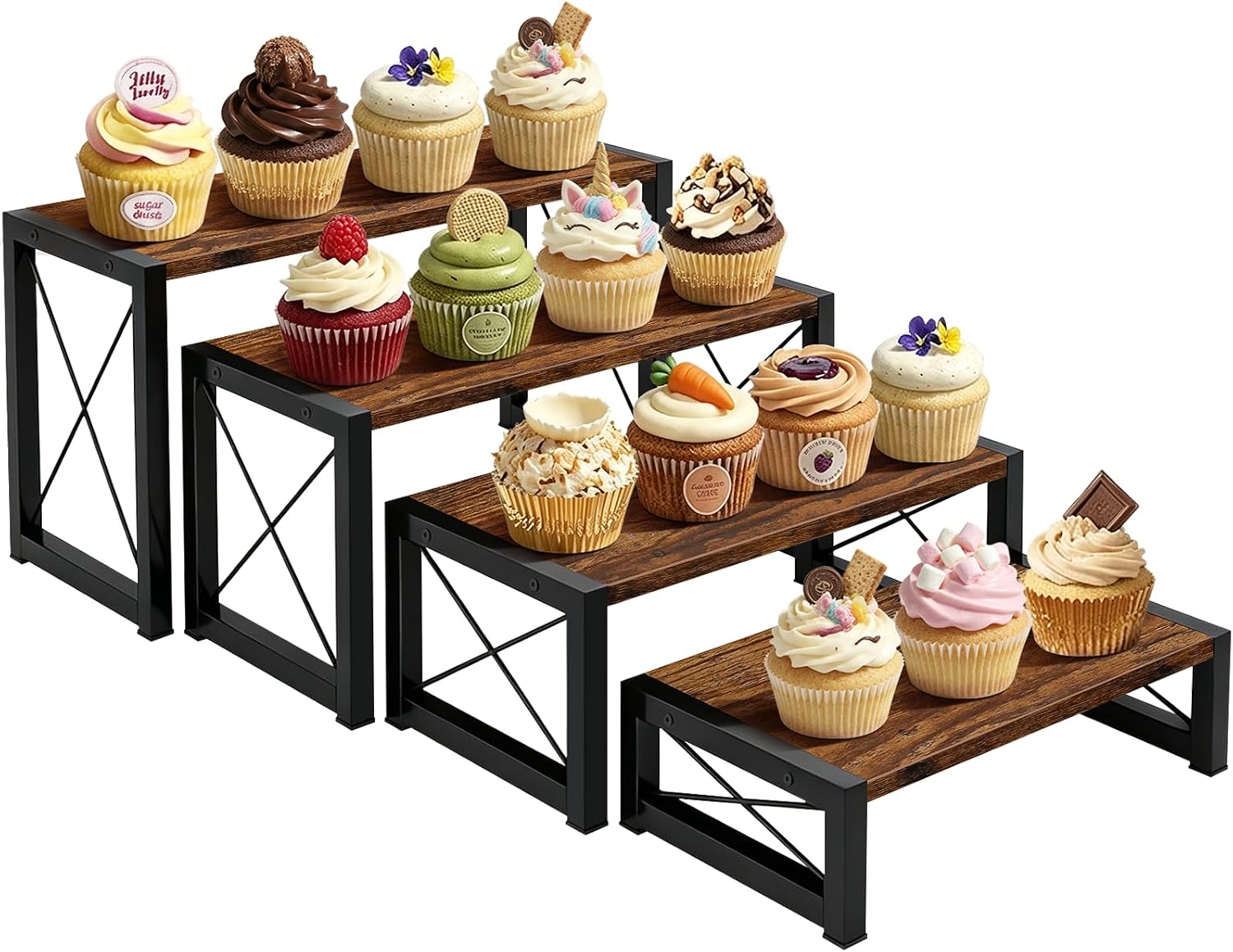 Wood Risers Display Stands Set of 4, Wooden 4 Tier Cupcake Stand, Tiered Riser for Vendors, Decorative Display Risers for Food Desserts Buffet Table at Party Wedding, Rustic Brown