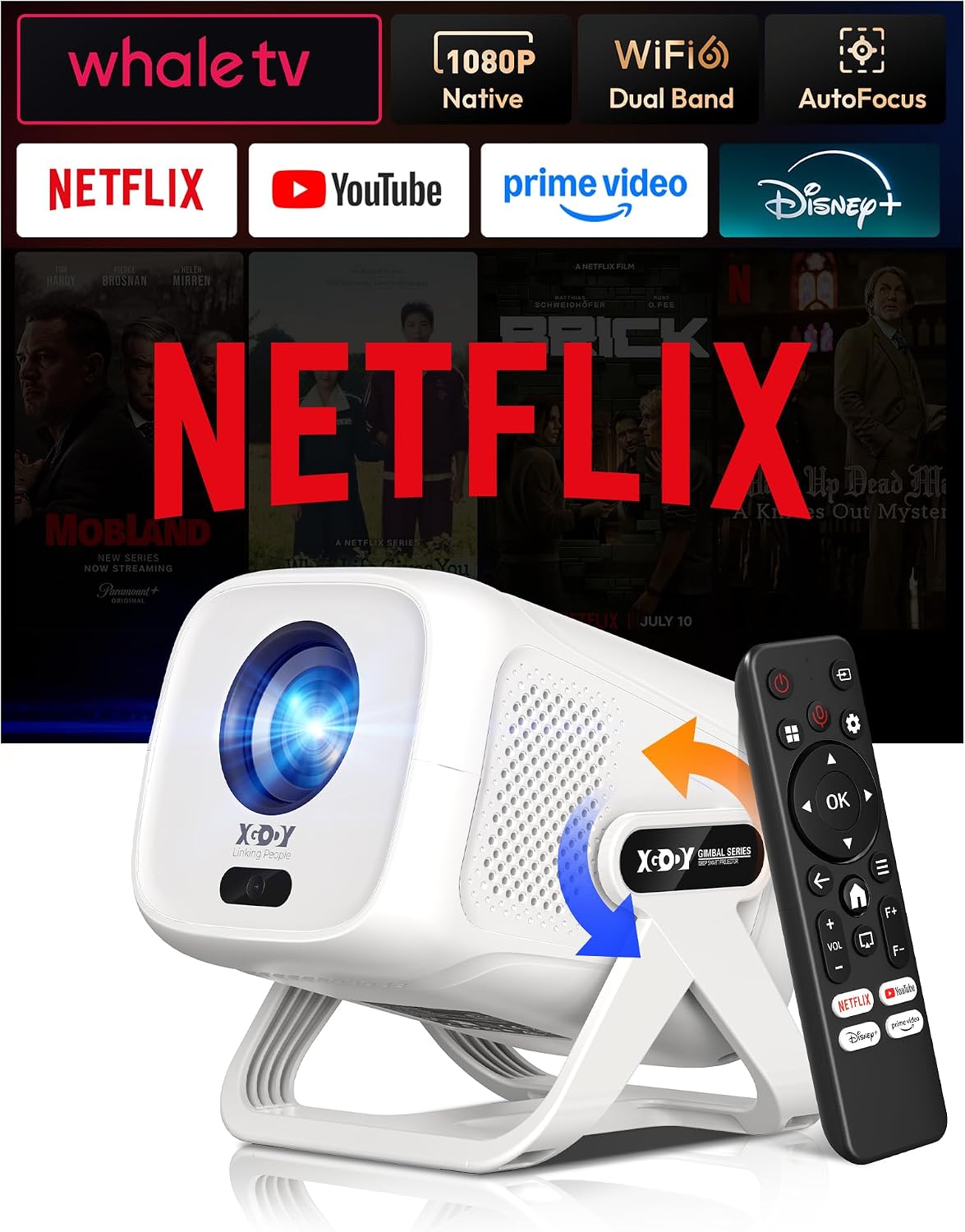 XGODY Gimbal N5 Mini Portable Smart Projector, FHD Built in Apps & Whale TV | 450ANSI Native 1080P Mini Projector with Auto Focus & Keystone, Live TV+ Compatible with Netflix for Bedroom Home Movie