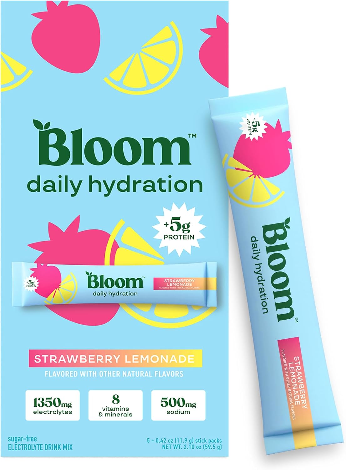 Bloom Daily Hydration Electrolyte Powder Packets with Collagen, 5g Protein, Electrolytes, Vitamins & Minerals, Sugar Free Drink Mix, Strawberry Lemonade, 5 Count