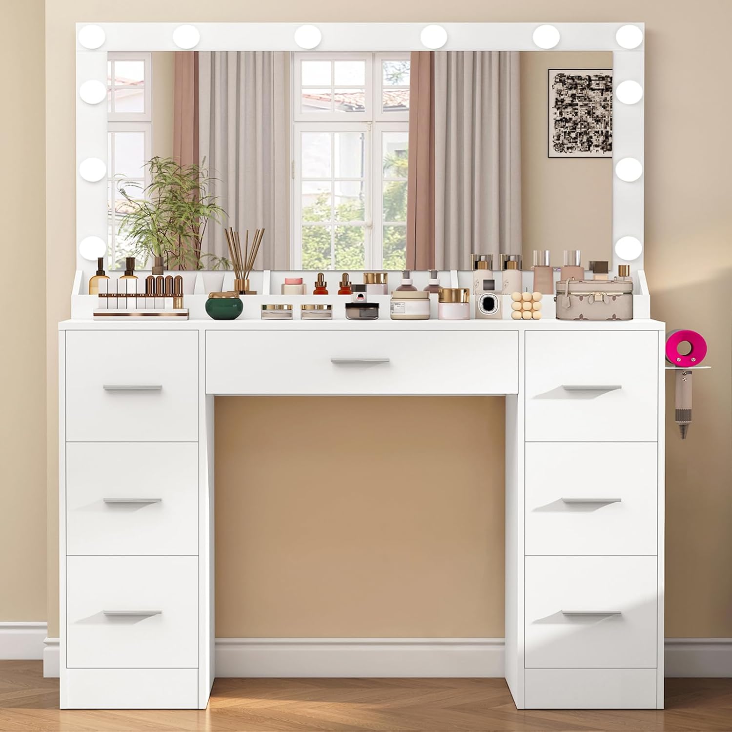 TEENFON Dressing Table with Large Mirror and 12 LED Lights, Vanity Desk with 7 Drawers & Hairdryer Holder, Vanity Table Makeup Desk for Women, Girls, 3 Lighting Color Adjustable, White