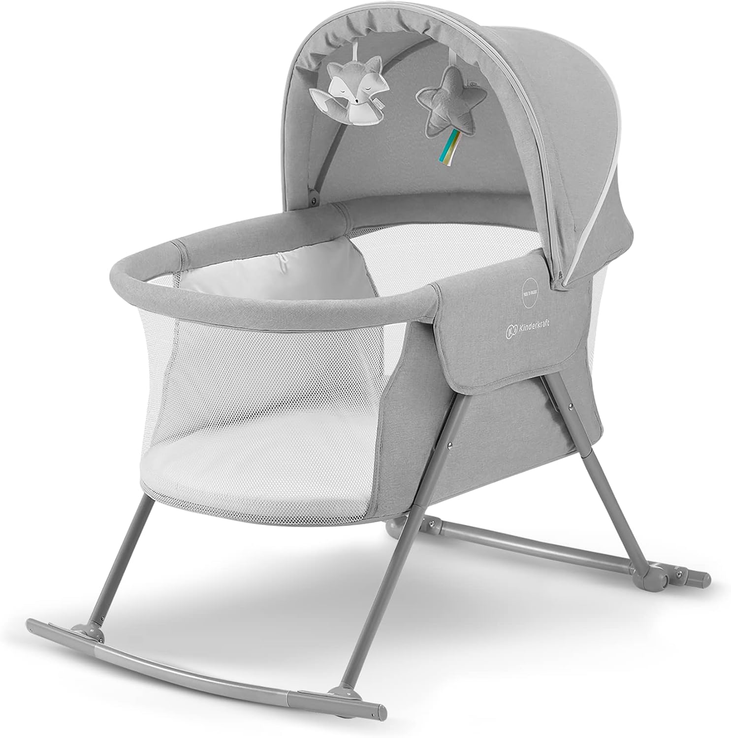 Kinderkraft Baby Crib 3 in 1 LOVI Folding and Unfolding, Adjustable Canopy, with Mattress Cover, Included Toys, Transport Bag, for Newborn, 0-9 kg, Gray, Assembled Dimensions: 85 x 61 x 88 cm