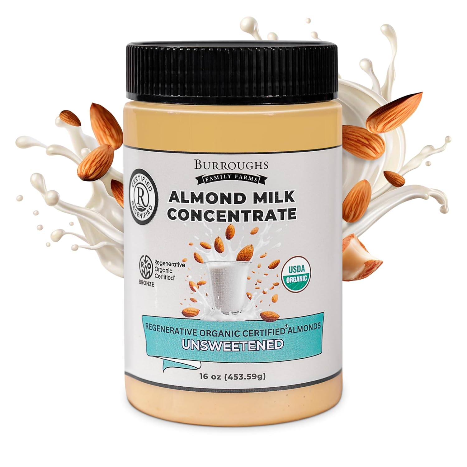Burroughs Family Farms USDA Organic Almond Milk Concentrate, 16 Oz – First Regenerative Organic Certified Farm, Shelf-Stable, No Added Sugars or Preservatives – Unsweetened Almond Milk On Demand, 28 Servings – Gluten-Free, Non-GMO, Vegan, Paleo & Keto-Friendly
