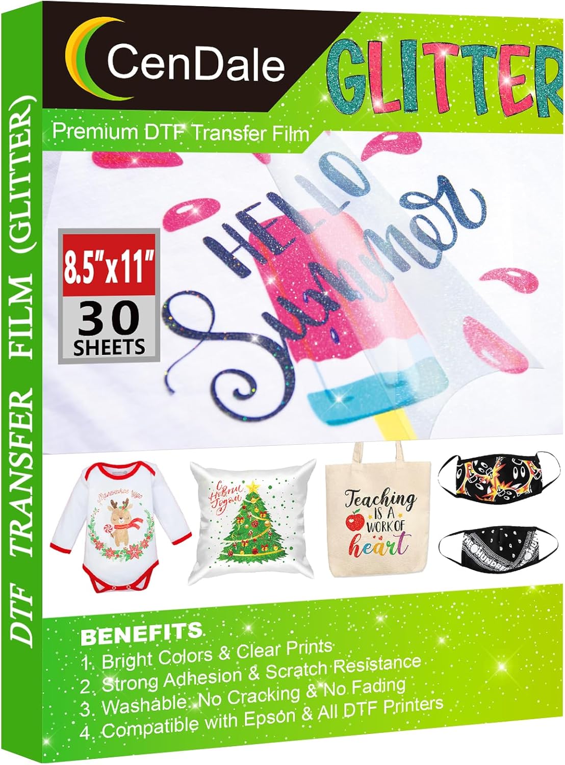 CenDale Glitter DTF Transfer Film - 8.5"x11" 30 Sheets Colorful Glitter DTF Film for Sublimation Hack, Direct to Film Printing on Light & Dark T-Shirts Textile, Hot & Cold Peel DTF Paper