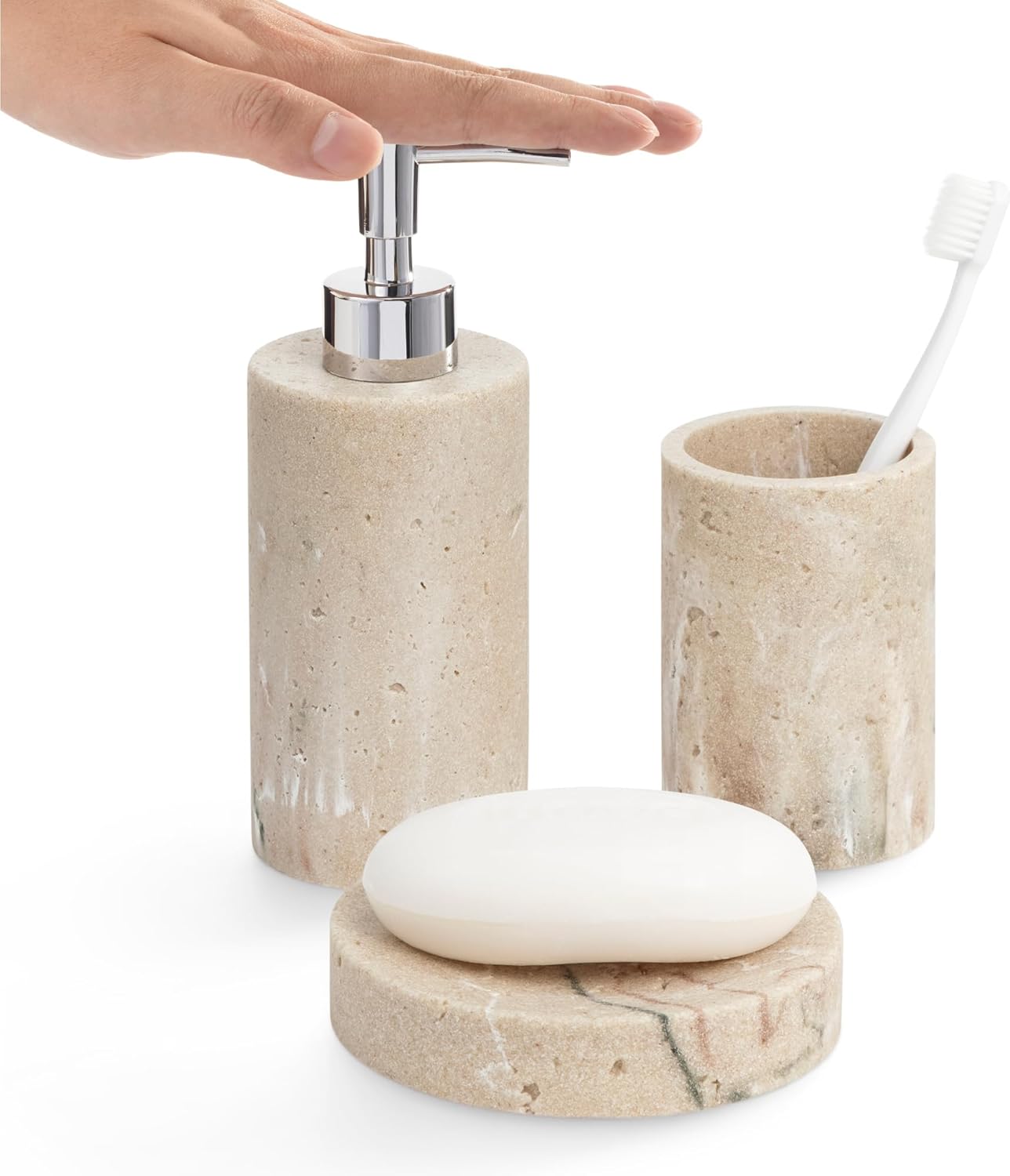 Navaris Decorative Bathroom Accessories Set - 3-Piece Bath Accessory Kit with Toothbrush Holder Liquid Soap Dispenser and Soap Dish Tray Set - Stone