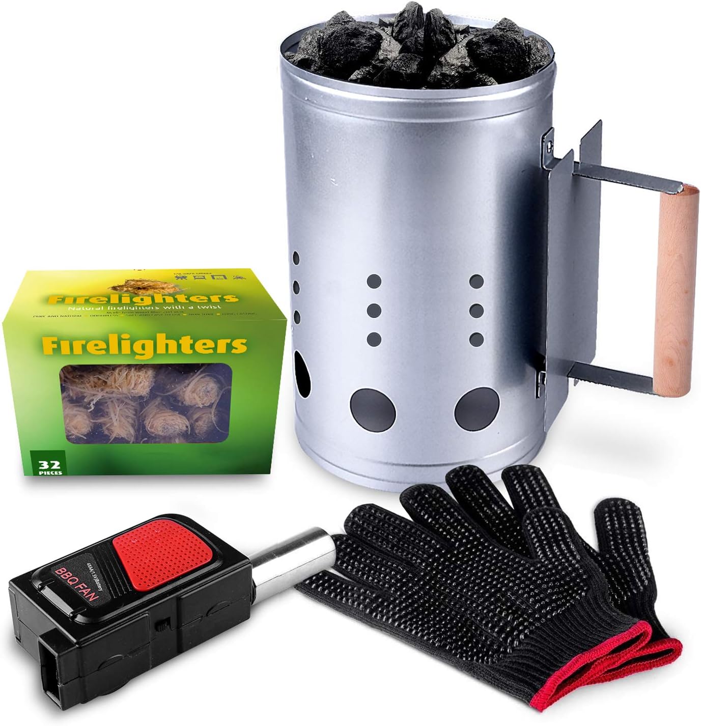 homenote Rapid Charcoal Chimney Starter Set Fireplace Accessories Lighter Cubes BBQ Heat Resistant Gloves Blower BBQ Tools(11.5" x 7" x 7")