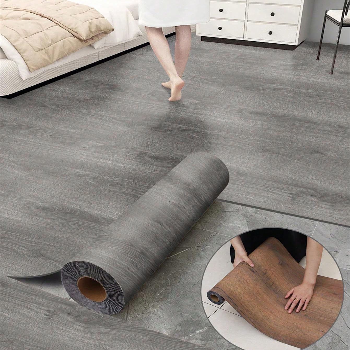 Luxury Thicken Wood Grain Peel and Stick Floor Tiles Self-Adhesive Vinyl Flooring Roll-DIY Easy for Wall and Floor,Hard Surface/Waterproof/Anti Slip (Gray Vinyl Flooring, 17.72 "W X 118" L)