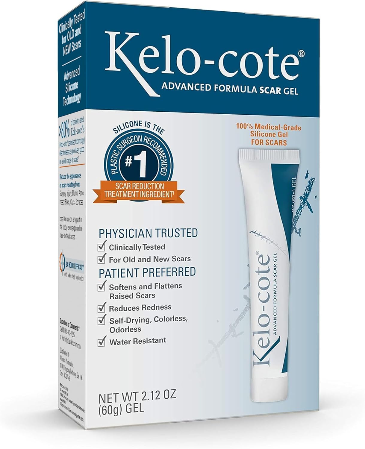 Kelo-cote Advanced Skincare Formula Scar Gel, Acne Scar, Burn Scar, Surgical Scar, C-Section Scar and Keloid Scar Treatment, 2.12 Ounces (60g) | Treat & Prevent Hypertrophic & Keloid Scars from Injury, Burns, Surgery, Water Resistant, Safe for Sensitive Skin