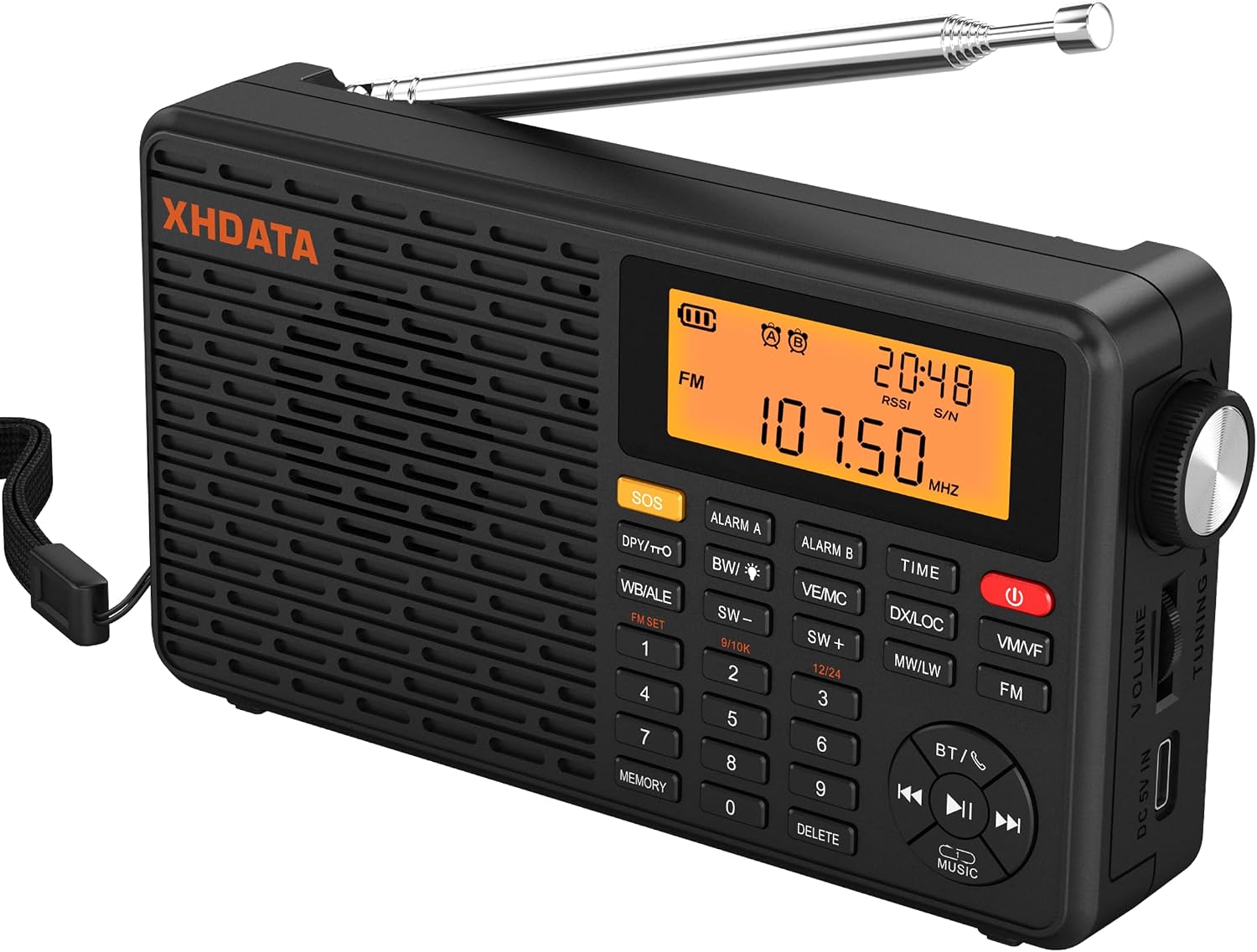 XHDATA D109WB Portable AM/FM/SW/LW/WB Weather Radio Shortwave Radio Receiver with NOAA Alert, Battery Operated Great Sound Wireless BT Mp3 Speaker, SOS Alert Alarm Clock Sleep Function