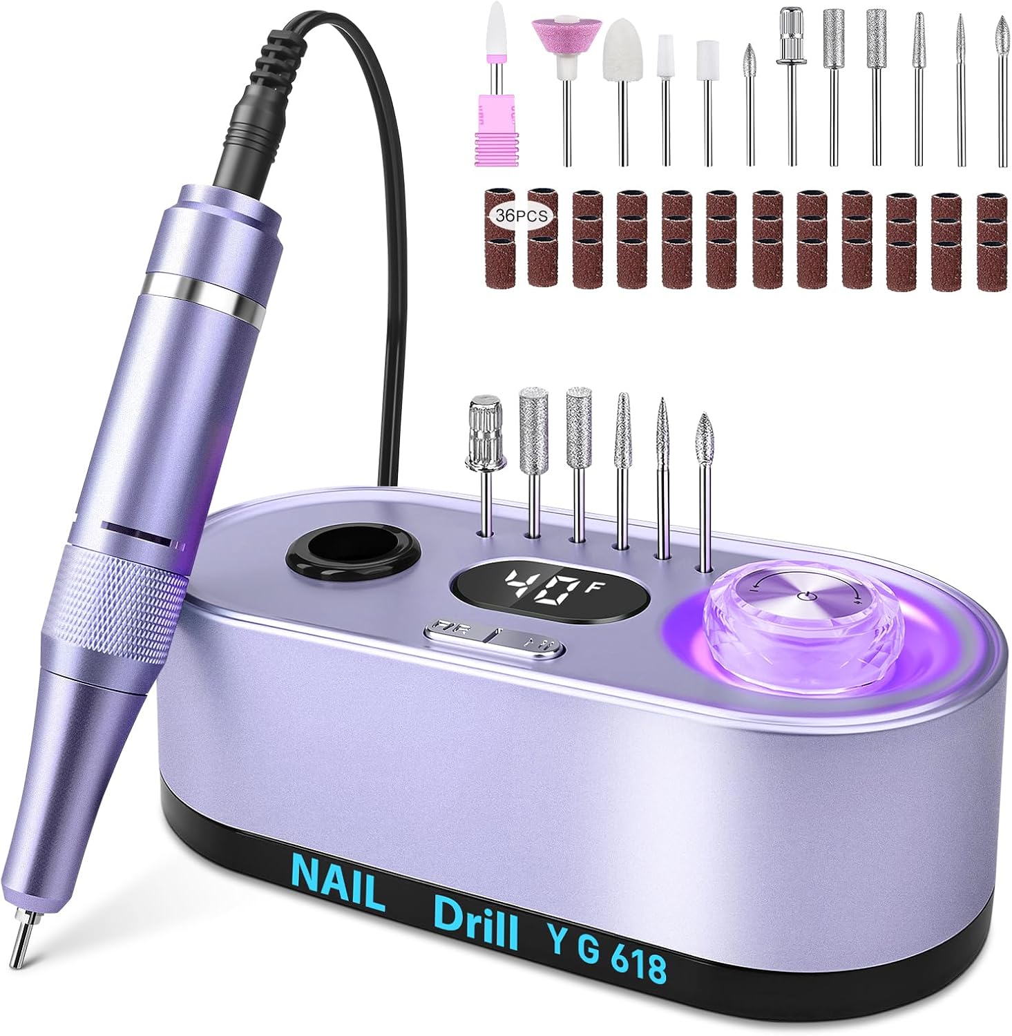 Professional Nail Drill 40000RPM,Electric Nail File for Acrylic and Gel Nails,Multi Functional Nail Drill Set with 12 Bits,Luminous Touch knob (Purple)