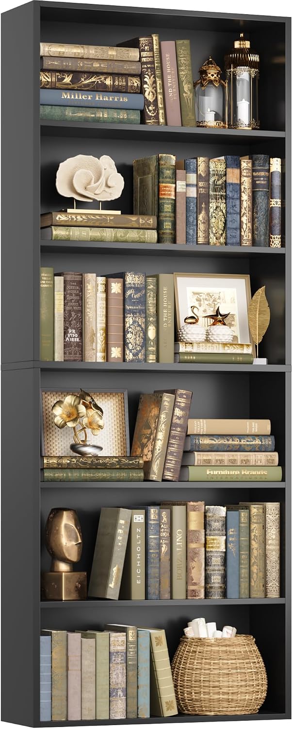FOTOSOK 6 Tier Tall Bookshelf and Bookcase with Open Display Shelves, Black