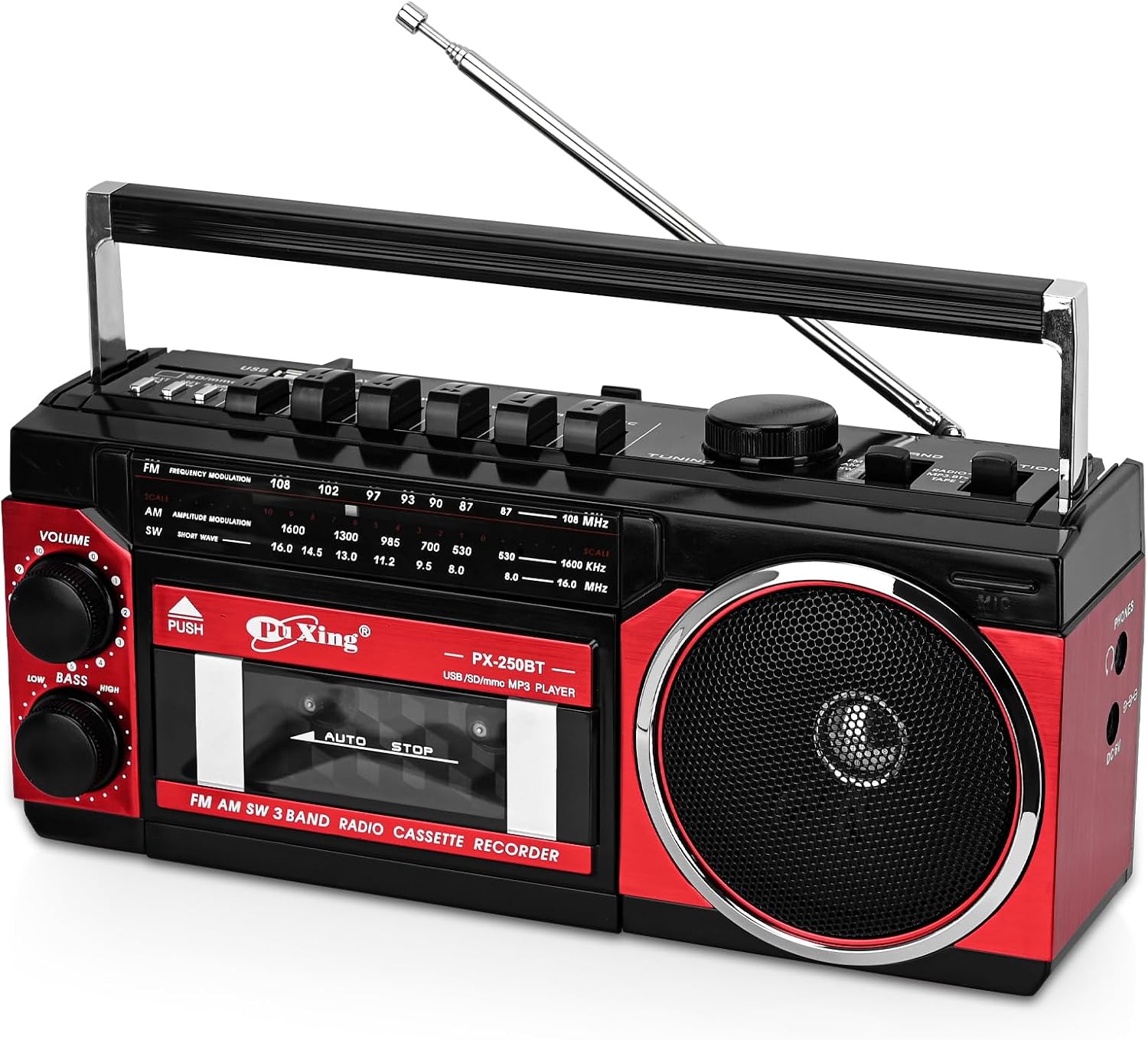 Cassette Player, Portable Cassette Tape Player, Support FM/AM/SW Frequency Band Tape Recorder, Compatible with Cassette/Bluetooth/Card Insertion/Recording, Available Batteries/Electricity (Red)