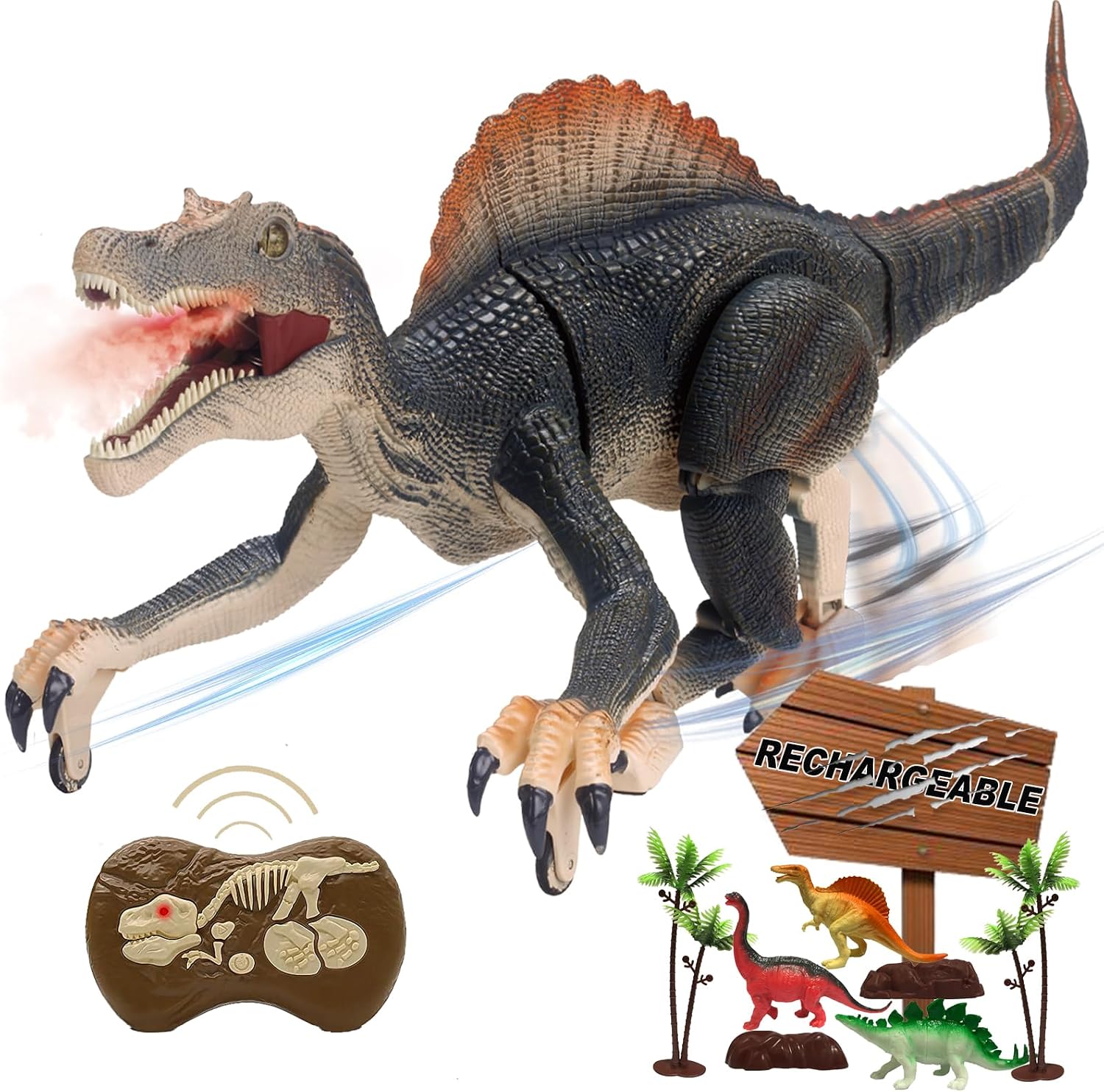BUBUQE Remote Control Dinosaur Toys for Boys Electronic RC Spray Raptor Toy Walking Roaring Jurassic Spinosaurus Realistic 18.1" Dino Rechargeable Birthday Gift for Kids 3 4 5 6 7 8