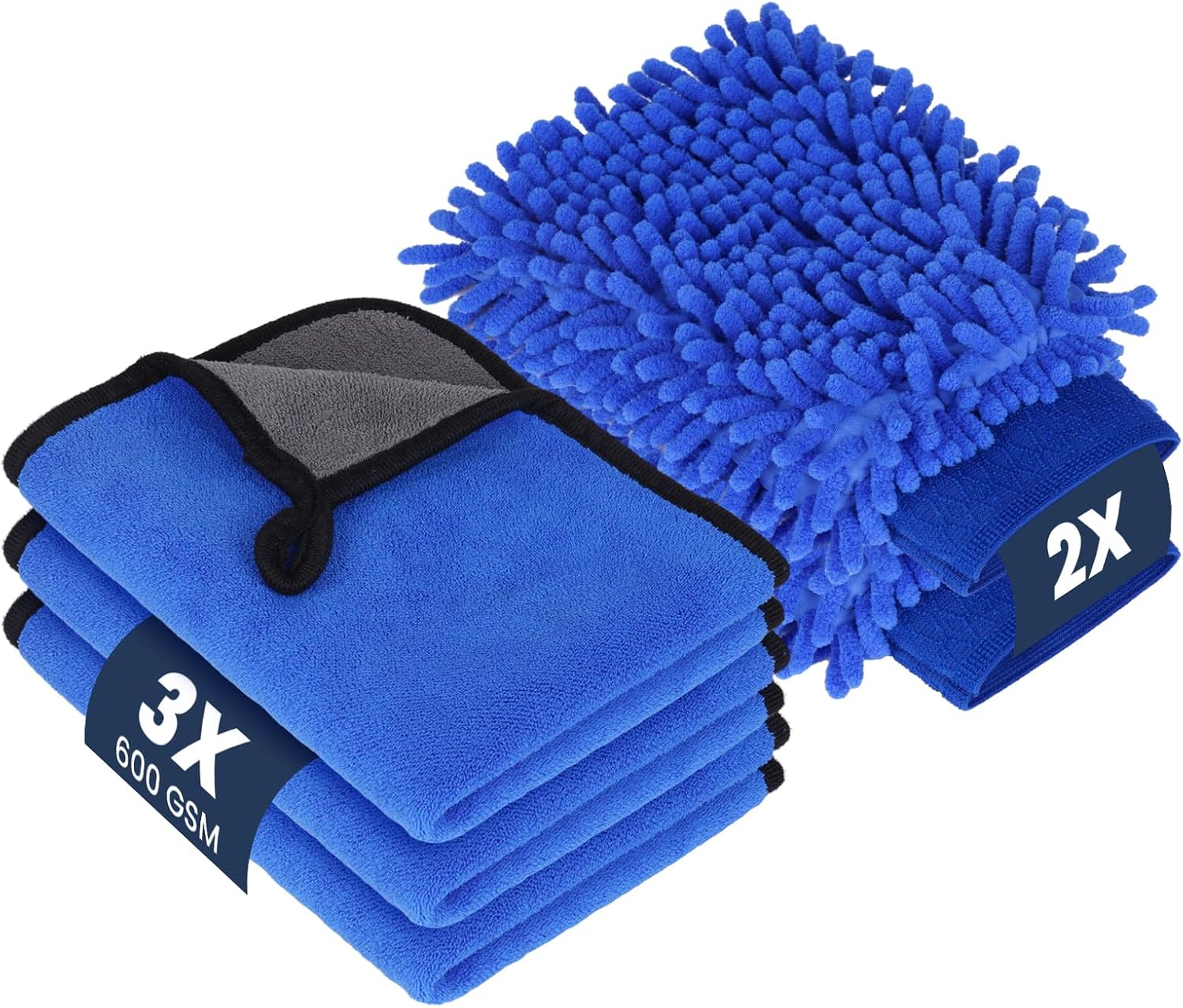 flintronic 5 Pcs Car Washing Kit with 3 Microfibre Cleaning Cloth 2 Microfiber Car Wash Mitts, 600GSM Dual-Sided Ultra Soft Drying Towels and Gloves for Household, Washing Care, Drying, Polishing
