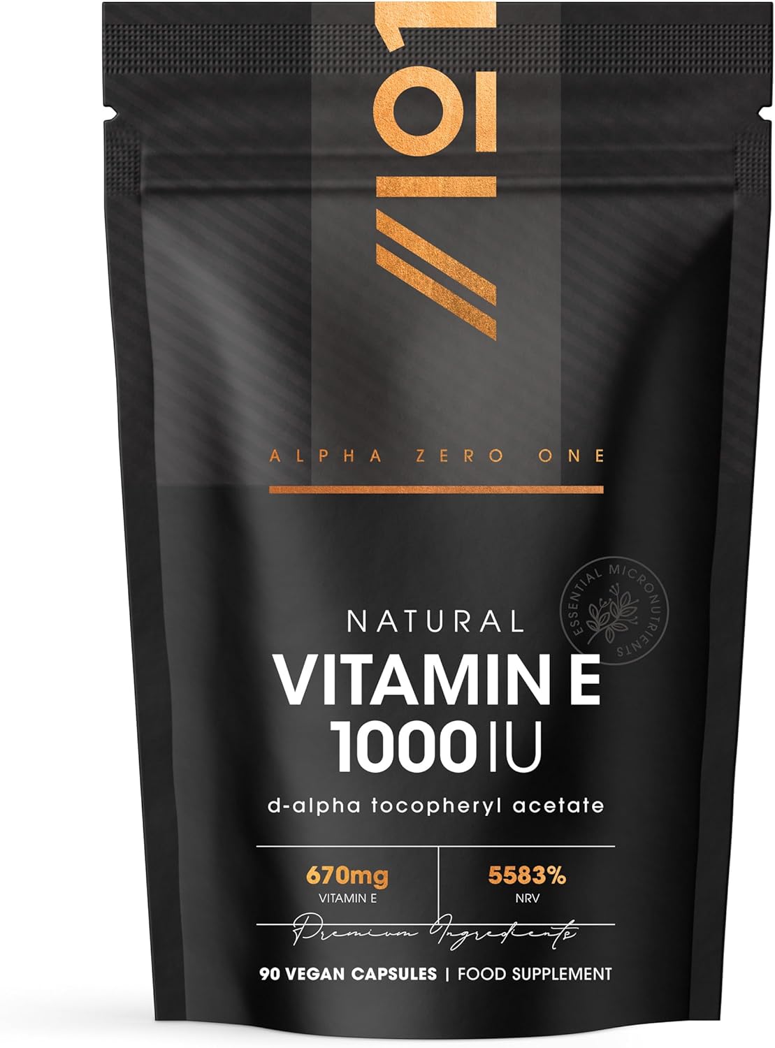 Vitamin E 1000IU D-Alpha Tocopherol – 100% Natural Vitamin E – 90 Vegan Capsules – Highly Absorbable – 3 Month Supply – Protects Cells from Oxidative Stress – by Alpha01