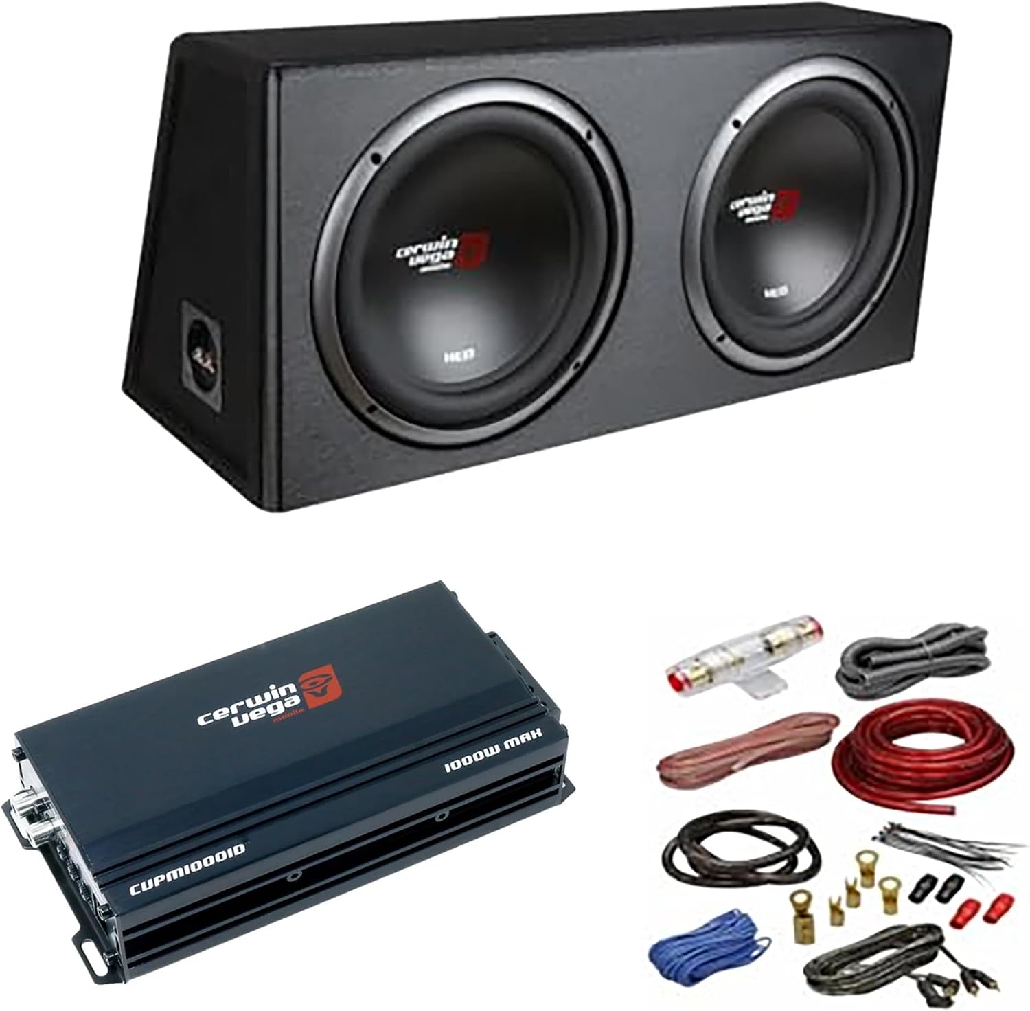 Cerwin Vega 2 Piece - XED3001D Class-D Mono Amplifier and XE12DV Dual 12" Subwoofer Package (XE12DV+CVPM1000.1D + Amp Kit)