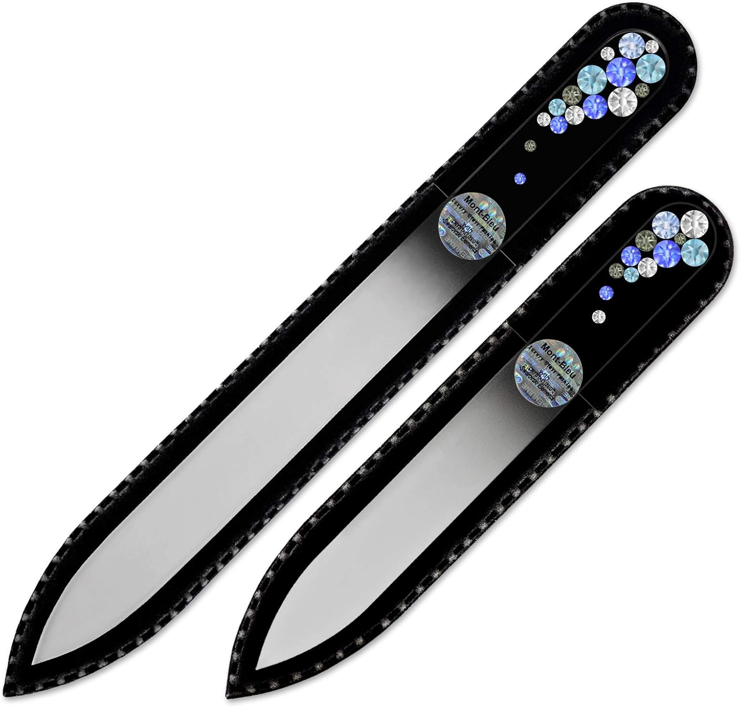 Mont Bleu Premium Set of 2 Glass Nail Files Hand Decorated with Crystals - in Black Velvet Sleeve - Genuine Czech Tempered Glass - Mothers Day Gifts - Fingernail File for Natural Nails