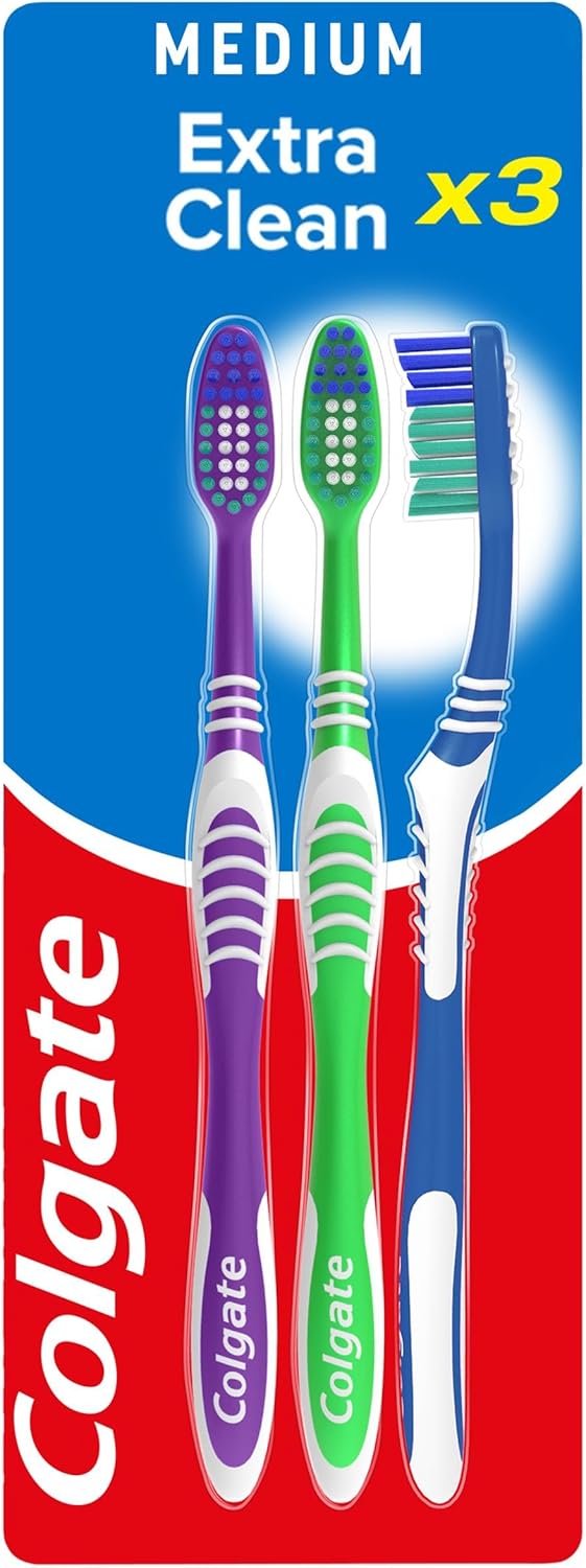 Colgate Extra Clean Medium Manual Toothbrush (Assorted) with a Cleaning Tip That Reaches and Cleans Back Teeth (Pack of 3)