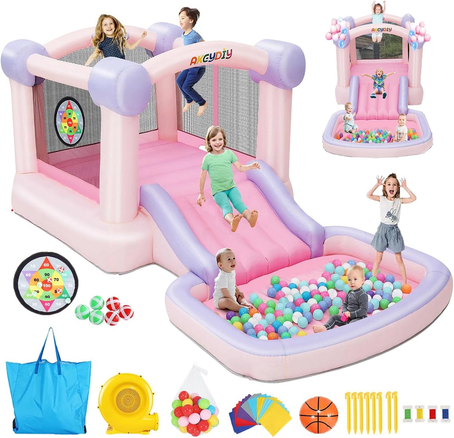 AKEYDIY Pastel Dream Bounce House for Kids 3-10, 161x82x63 inch Water Bounce House w/Slide,Ball Pit/Pool, Pink Bounce House UL Blower &50 Plastic Balls, Water Slide Bounce House Outdoor Backyard