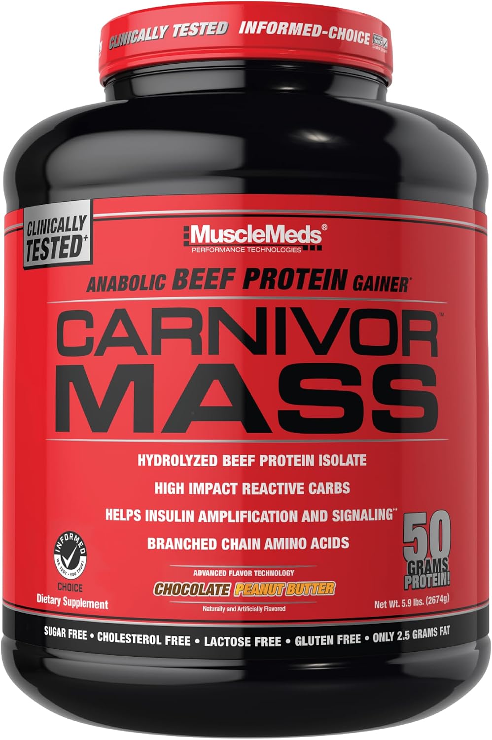 MuscleMeds CARNIVOR Mass Gainer Beef Protein Isolate Shake, 50 Grams Protein, 125 Grams Carbs, 0 Fat, 0 Sugar, Lactose Free, Halal Certified, Chocolate Peanut Butter, 6 Pound
