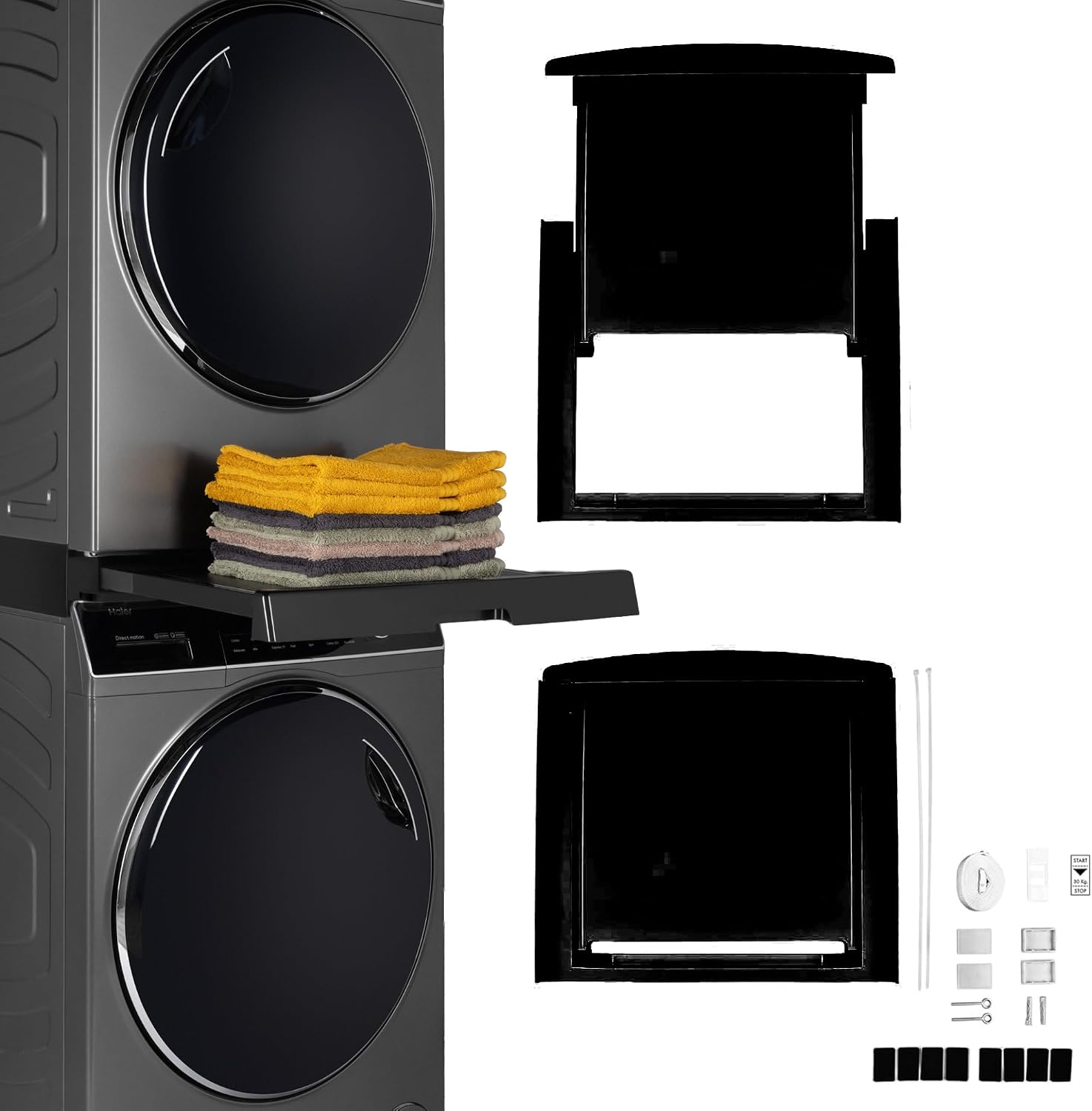 Haier Black Stacking Kit for Washing Machine and Tumble Dryer with Sliding Shelf, with Robust Ratchet Strap & Wall Anchors, Perfect for Series 3, 5, 7, and 11, Universal for Washers with Depth 47-62cm