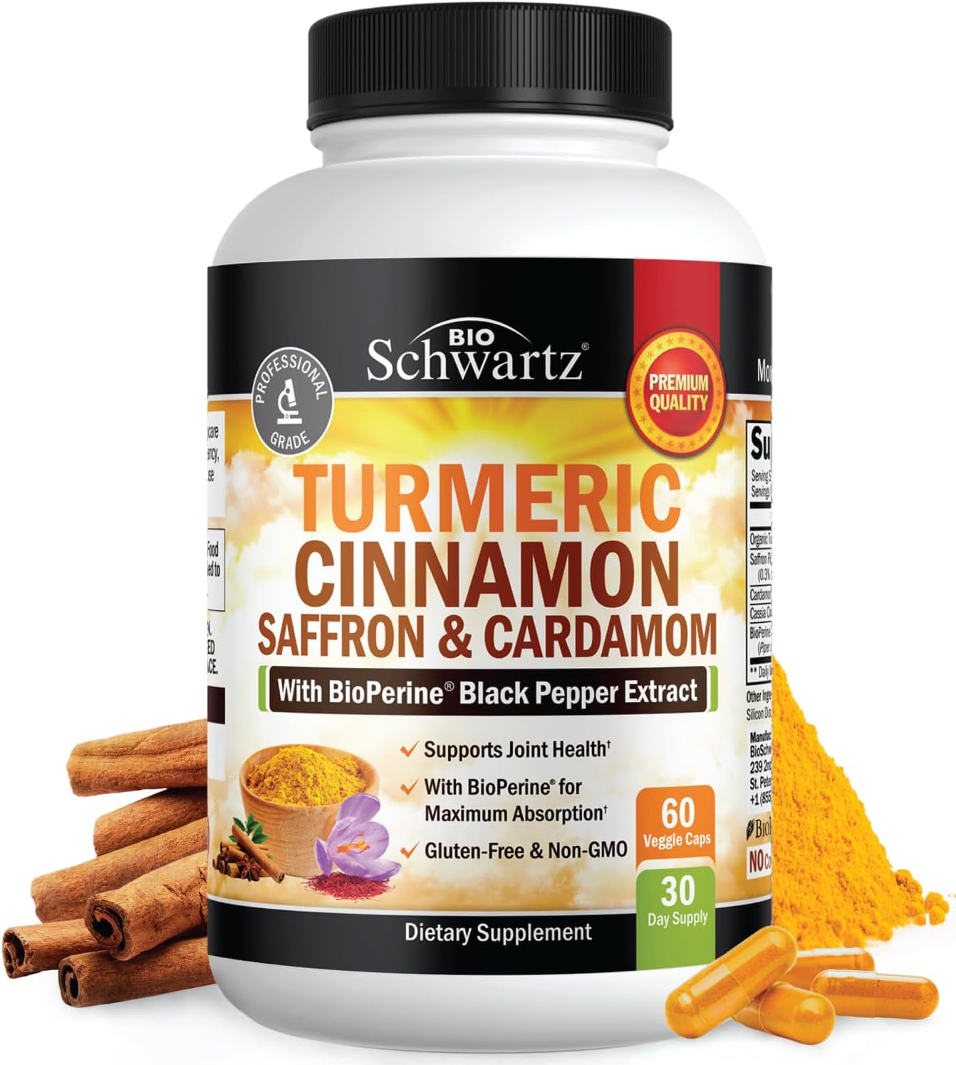 Turmeric Supplement with Saffron, Cinnamon and Cardamom Plus BioPerine Black Pepper Extract for Optimal Absorption, Natural Tumeric Curcumin Joint Support Supplement for Women and Men, 60 Capsules