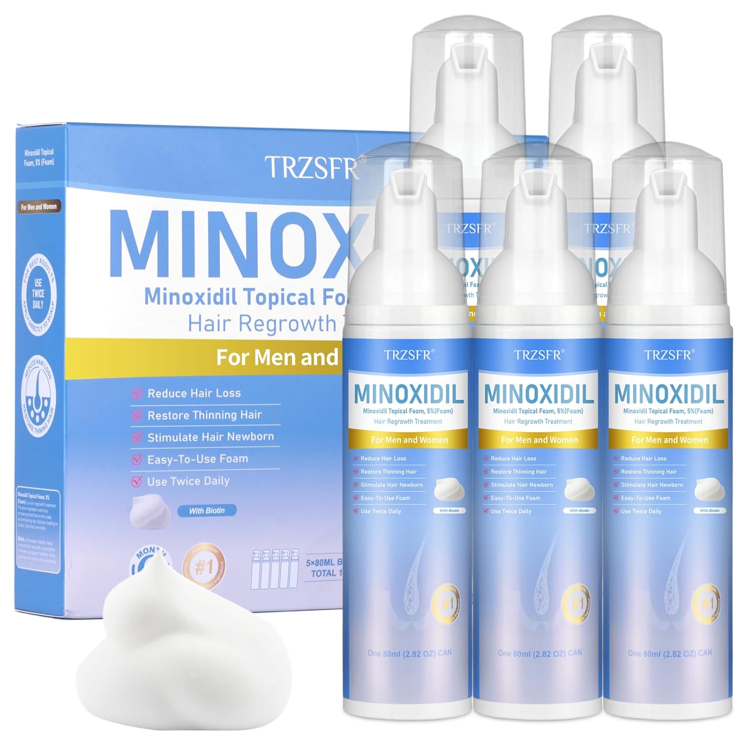 5% Minoxidil Foam for Men & Women, Hair Regrowth Treatment for Thinning Hair & Beard Growth, Extra Strength Topical Foam, Clinically Proven Hair Loss Treatment, 6 Month Supply (14OZ Total)